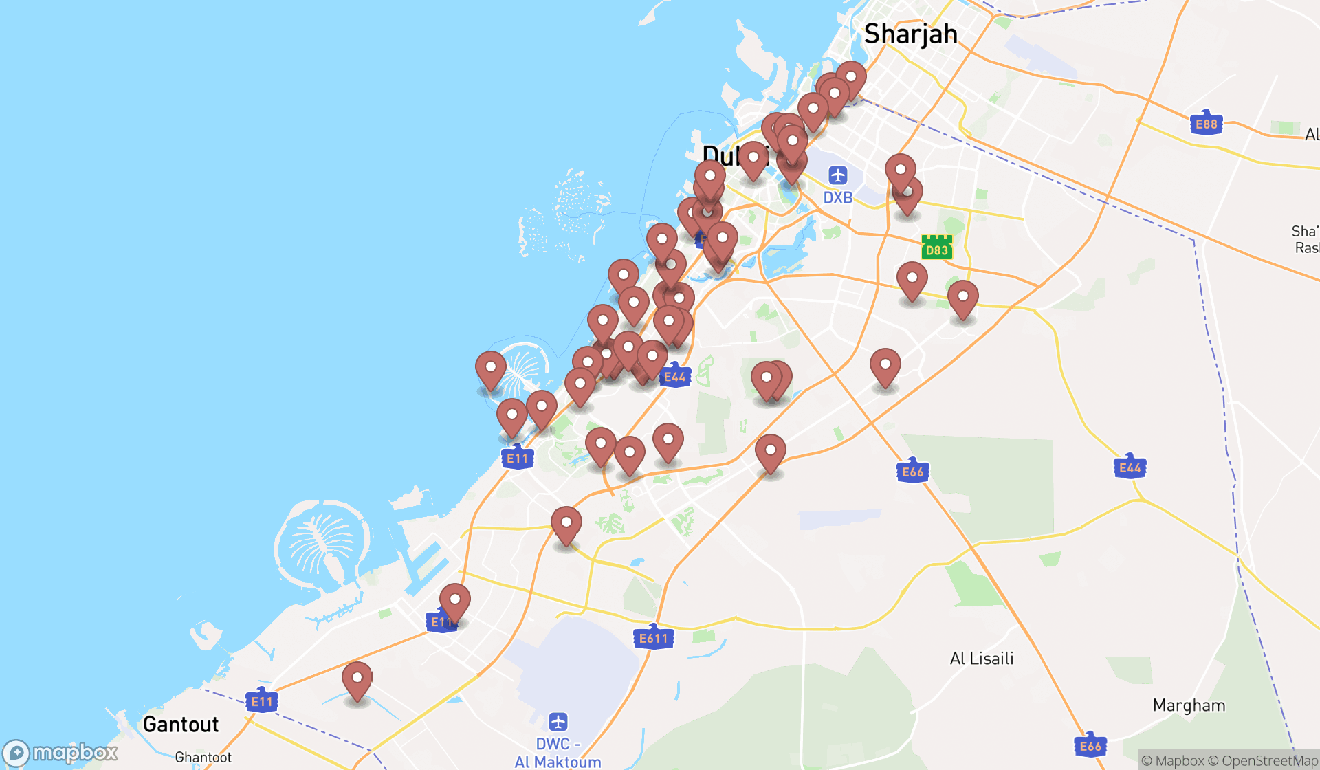 Map showing the search results in Dubai