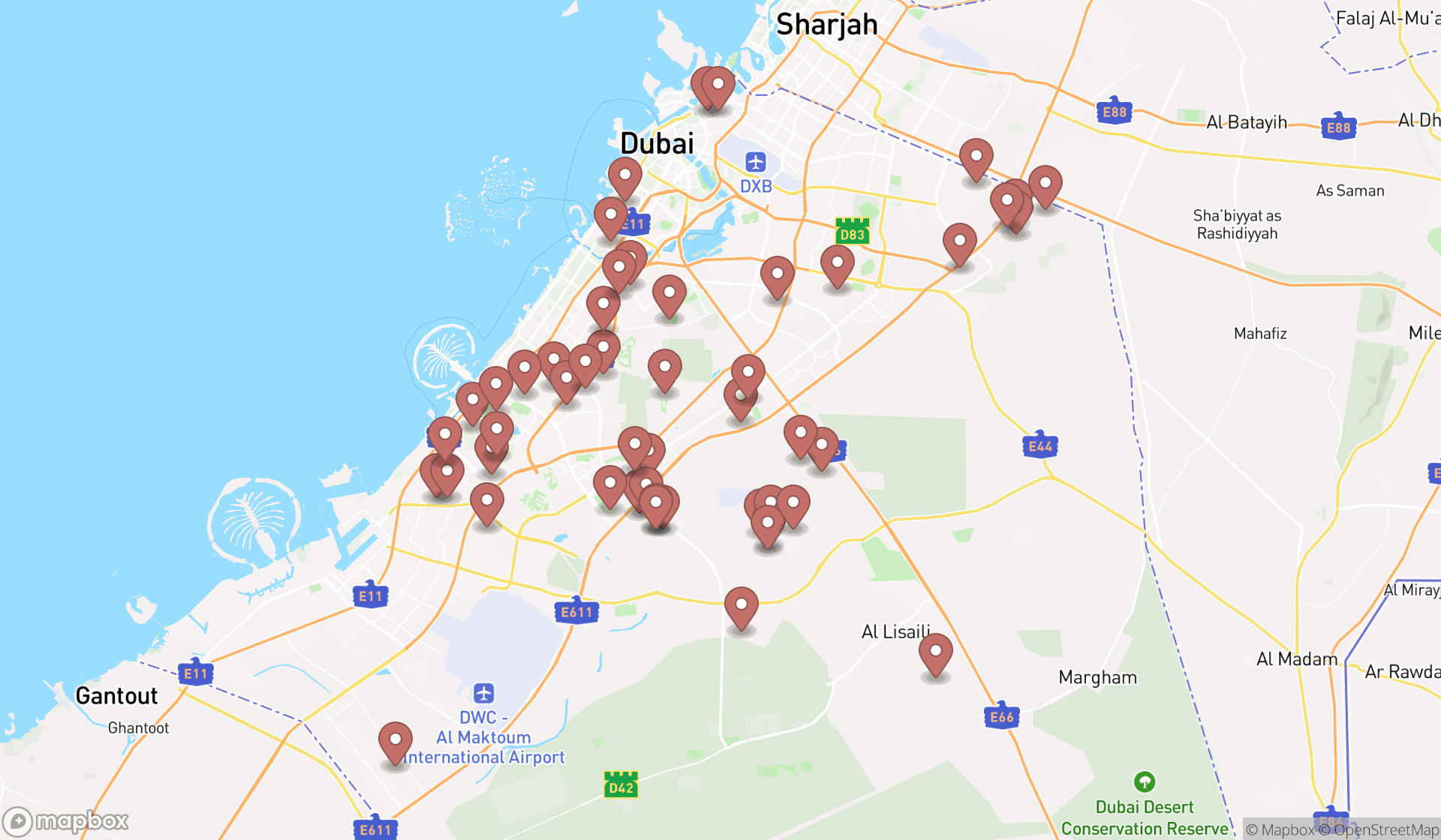 Map showing the search results in Dubai