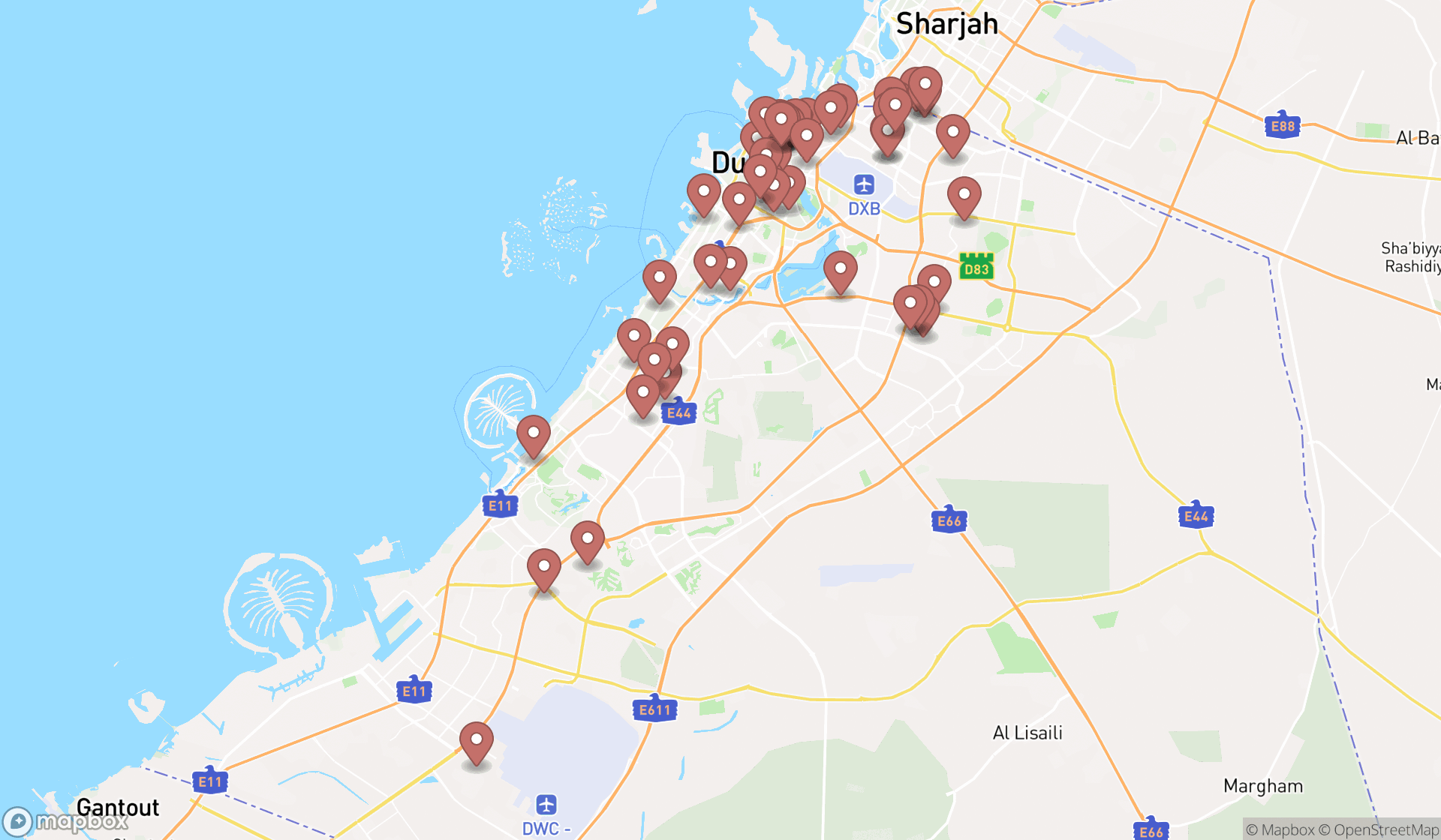 Map showing the search results in Dubai