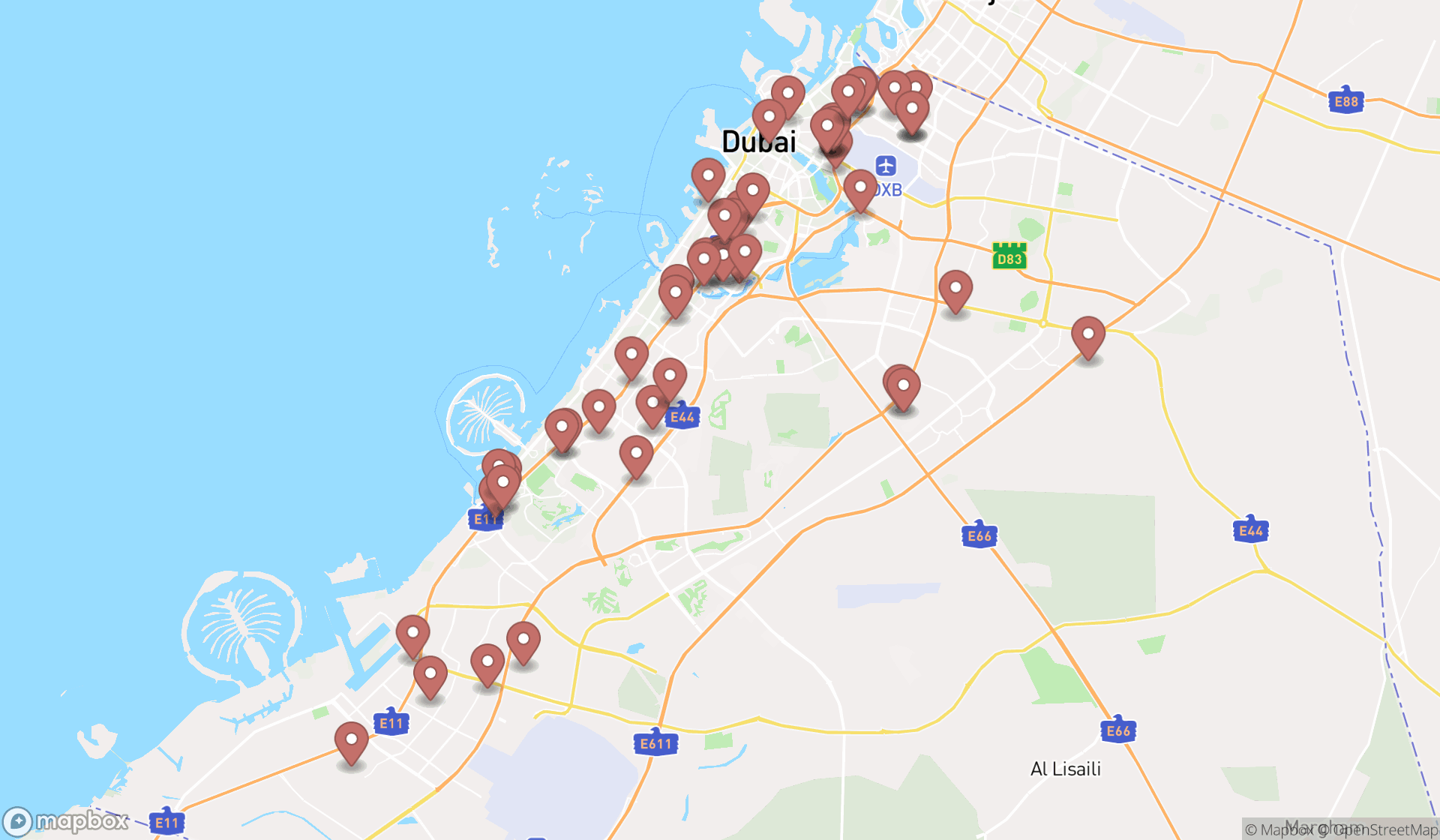 Map showing the search results in Dubai