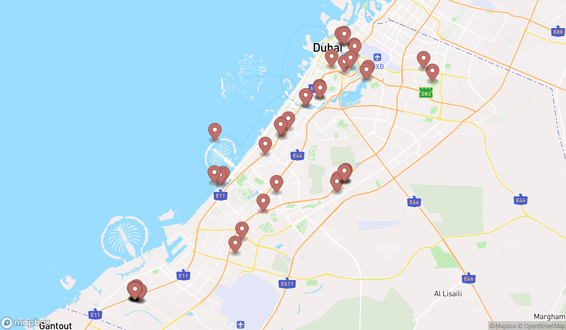 Map showing the search results in Dubai
