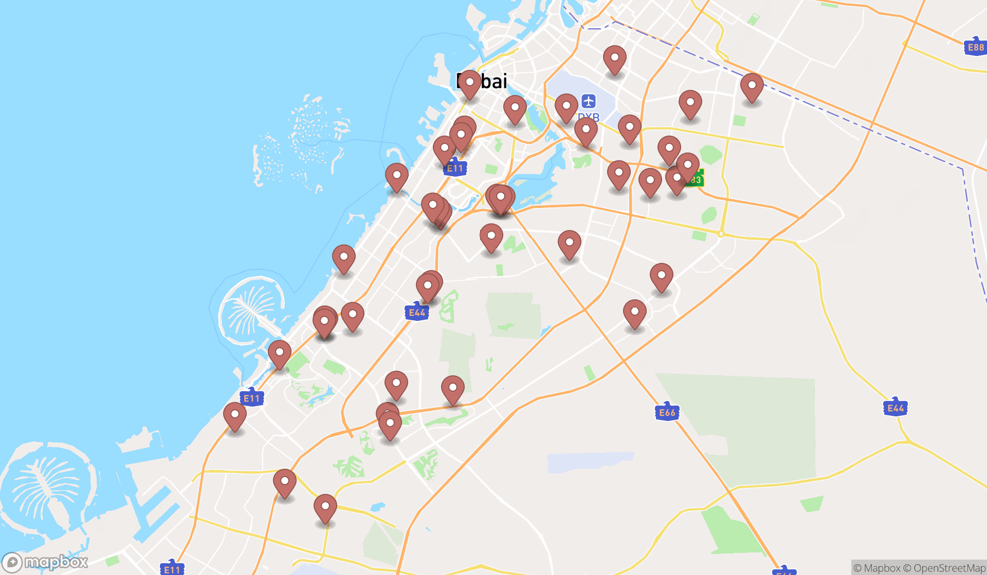 Map showing the search results in Dubai