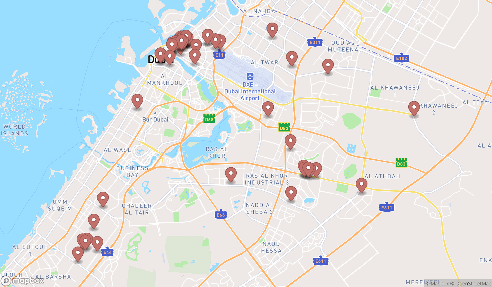 Map showing the search results in Dubai