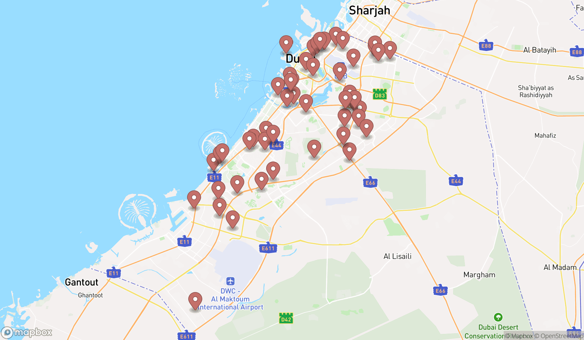 Map showing the search results in Dubai