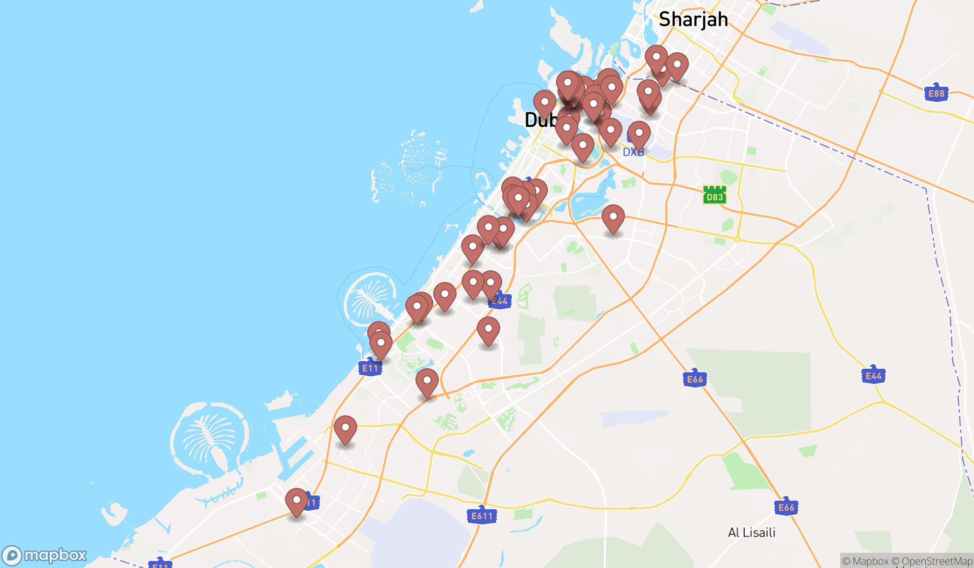 Map showing the search results in Dubai