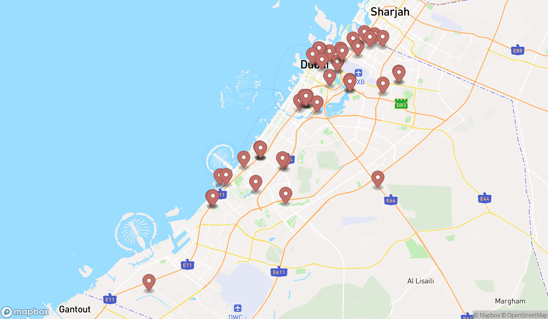 Map showing the search results in Dubai
