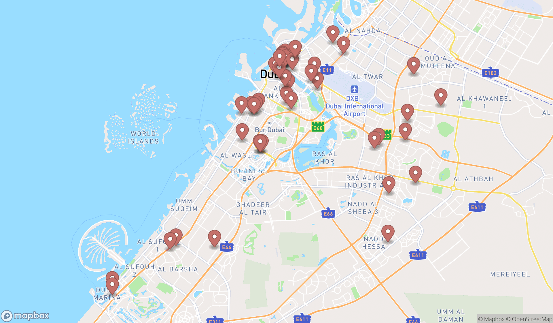 Map showing the search results in Dubai