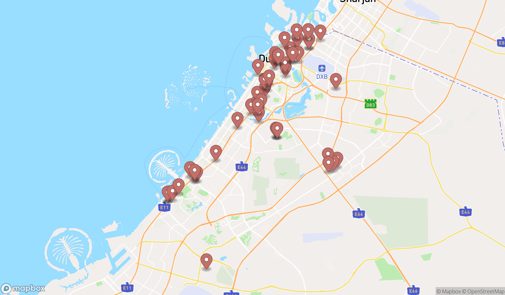 Map showing the search results in Dubai