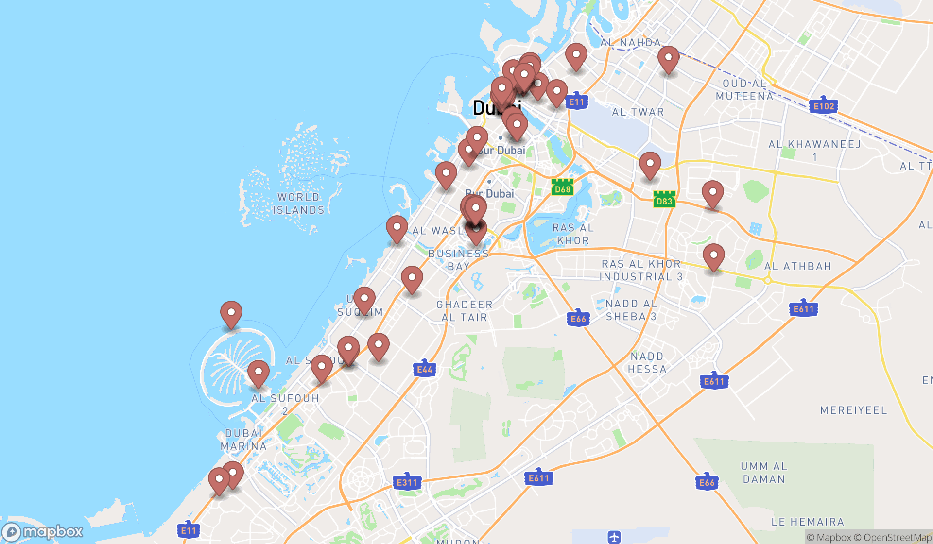 Map showing the search results in Dubai