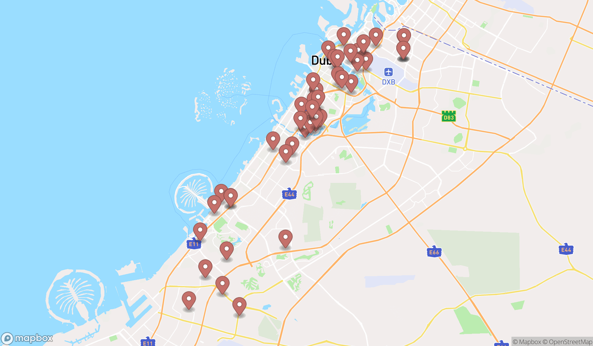 Map showing the search results in Dubai