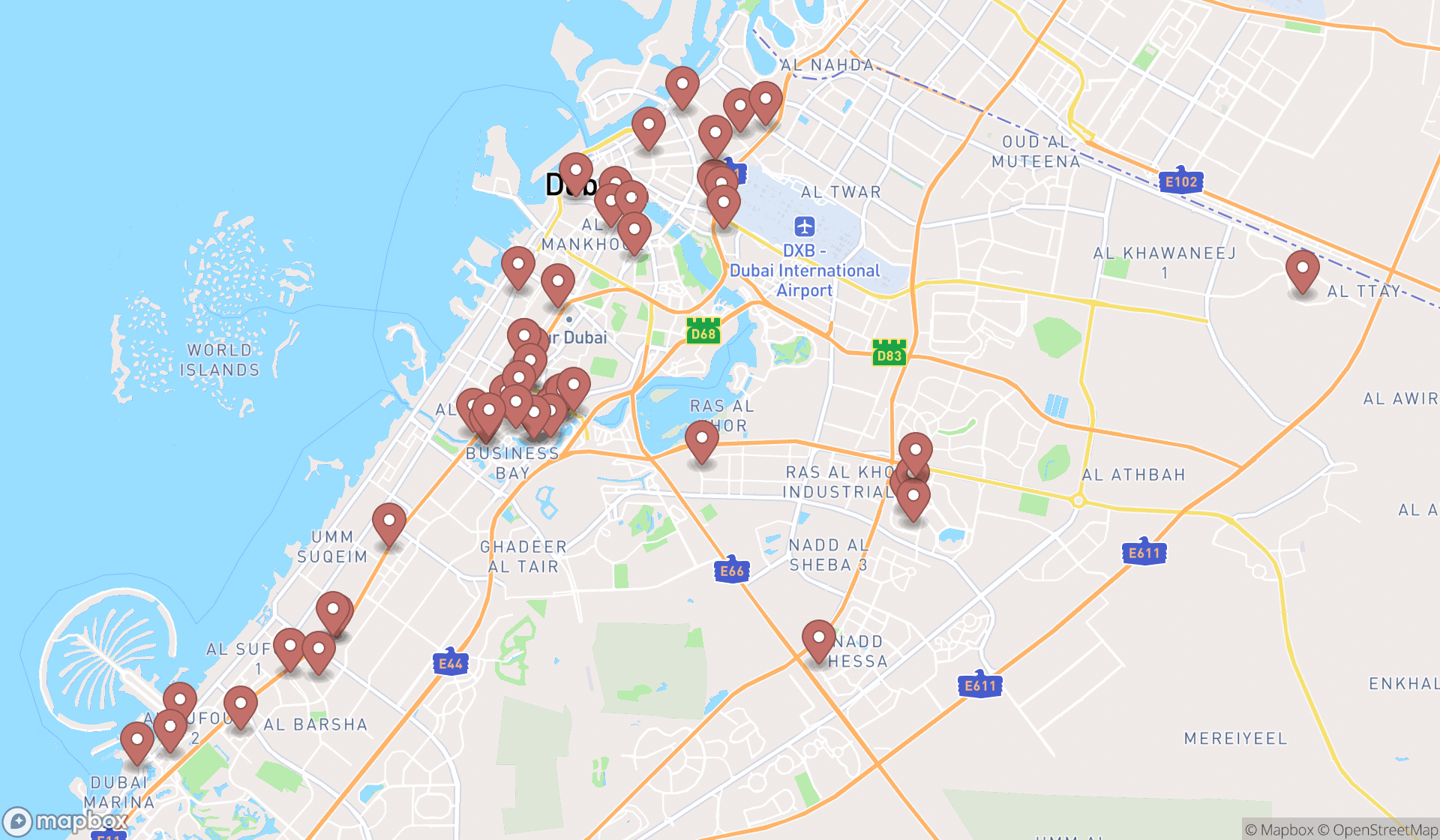 Map showing the search results in Dubai