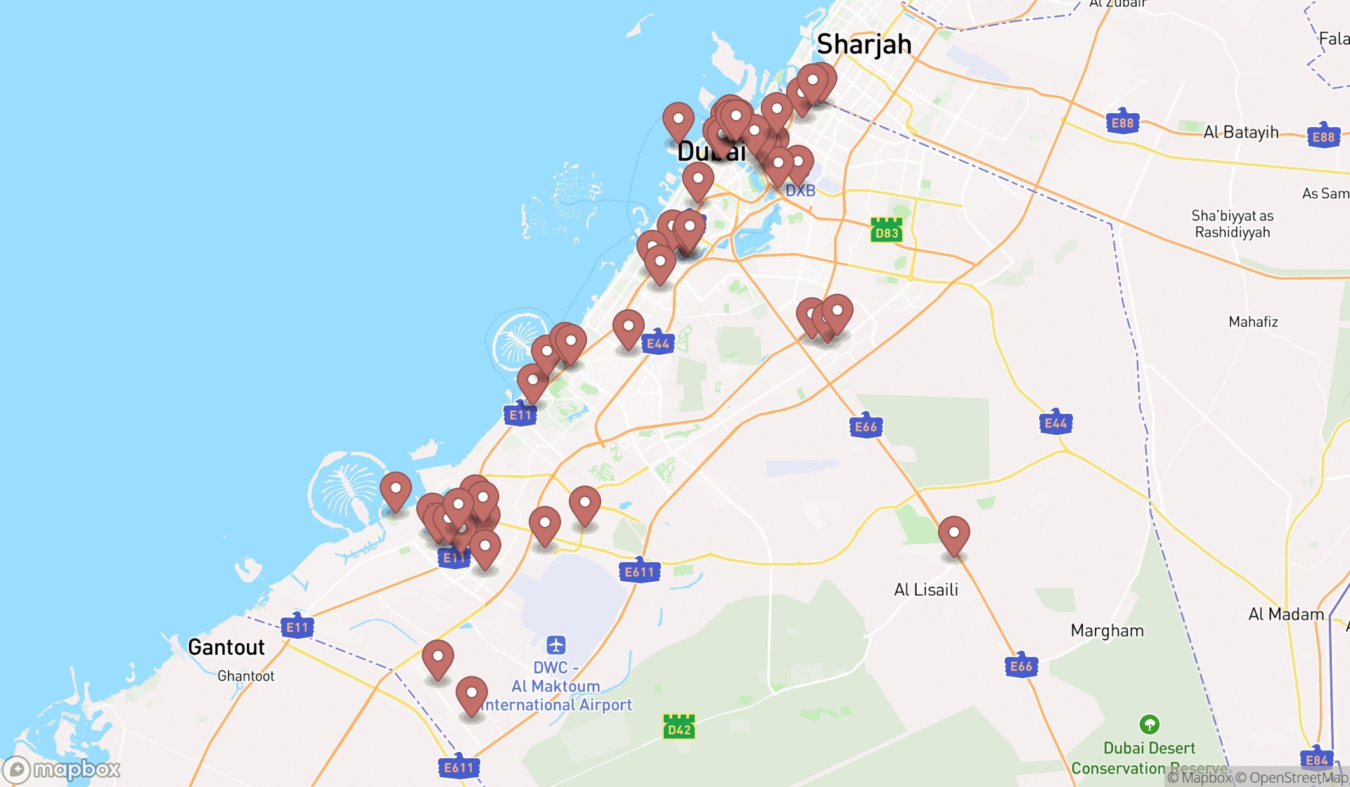 Map showing the search results in Dubai