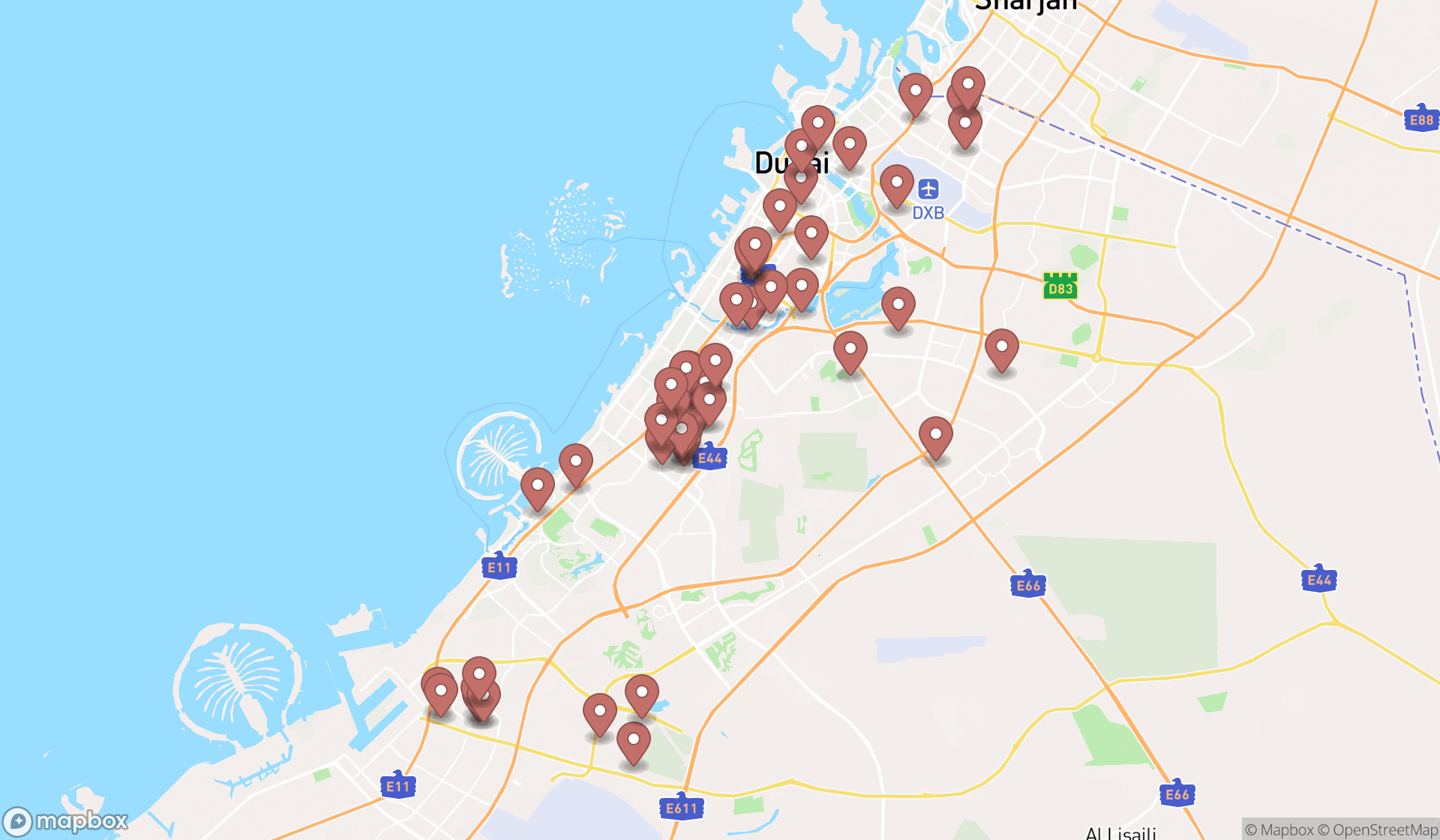 Map showing the search results in Dubai