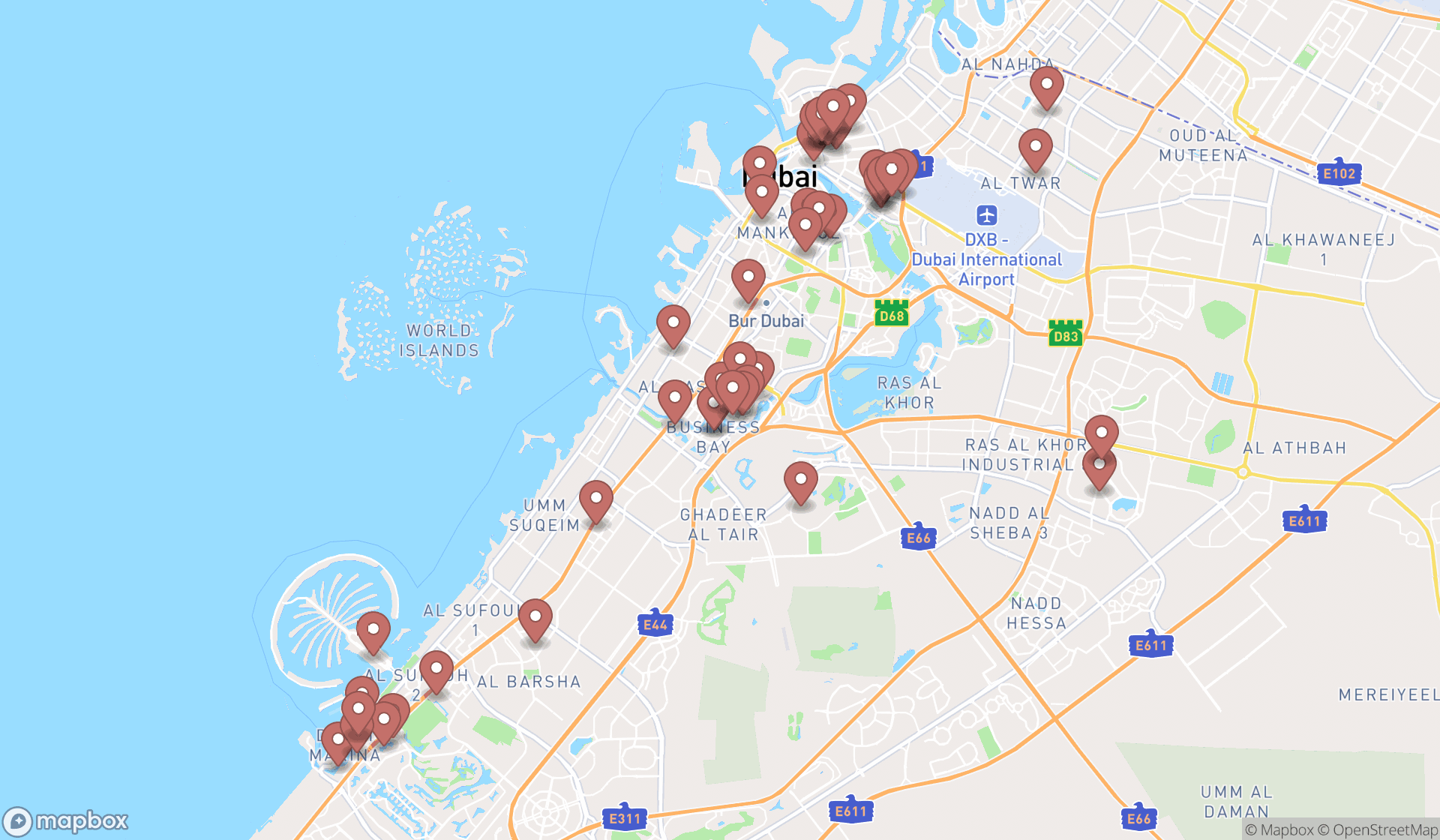Map showing the search results in Dubai