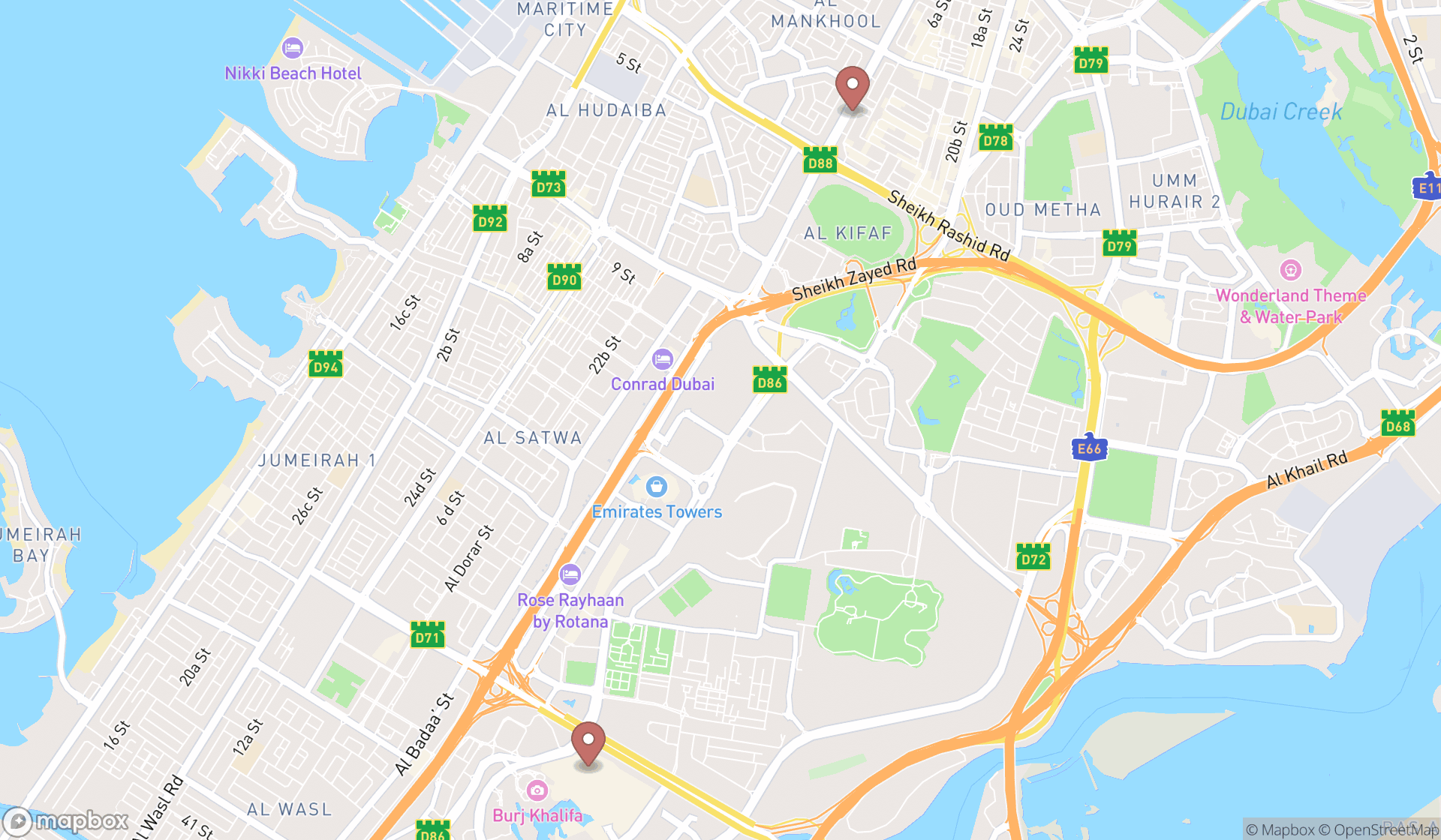 Map showing the search results in Dubai