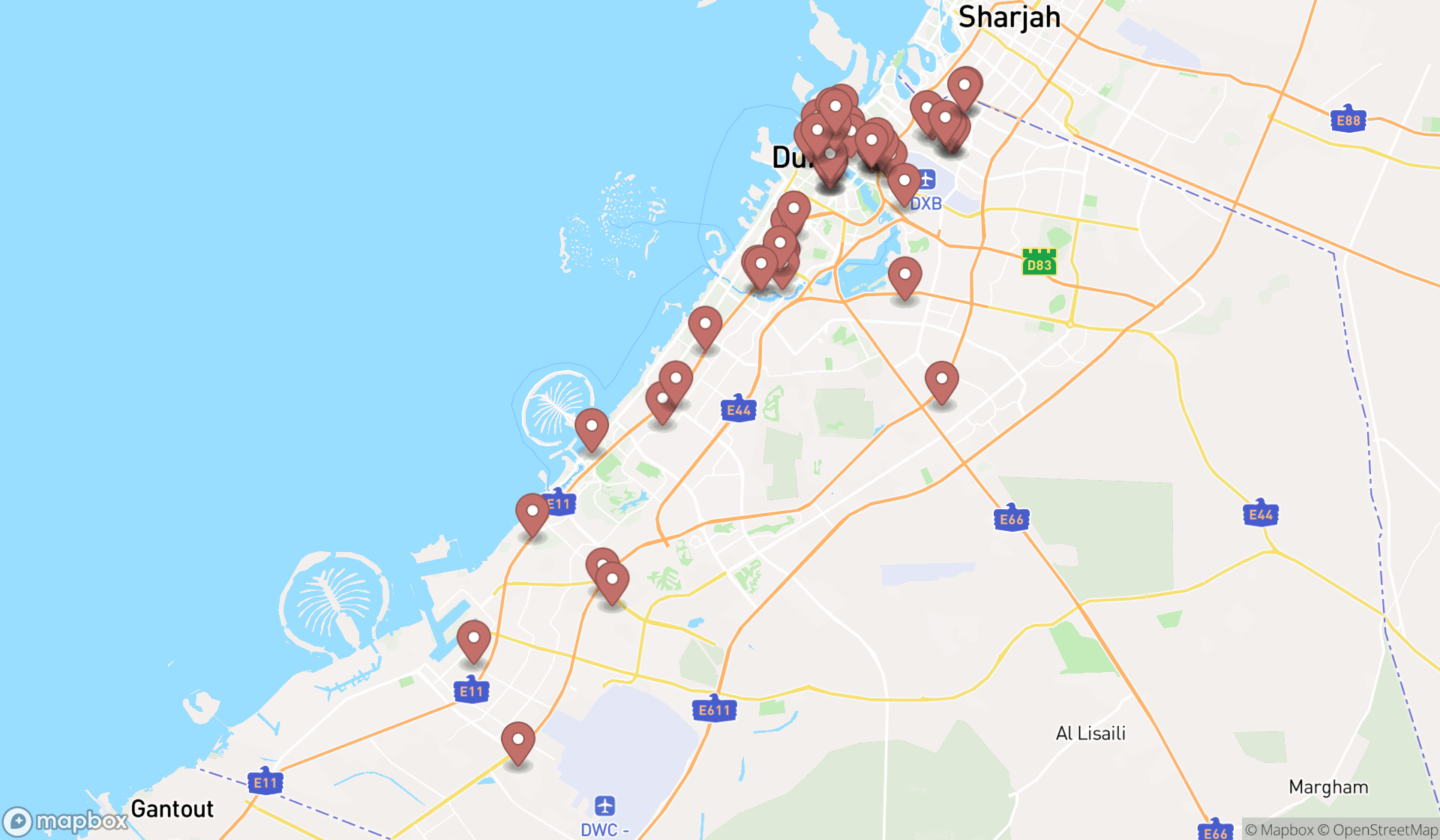 Map showing the search results in Dubai
