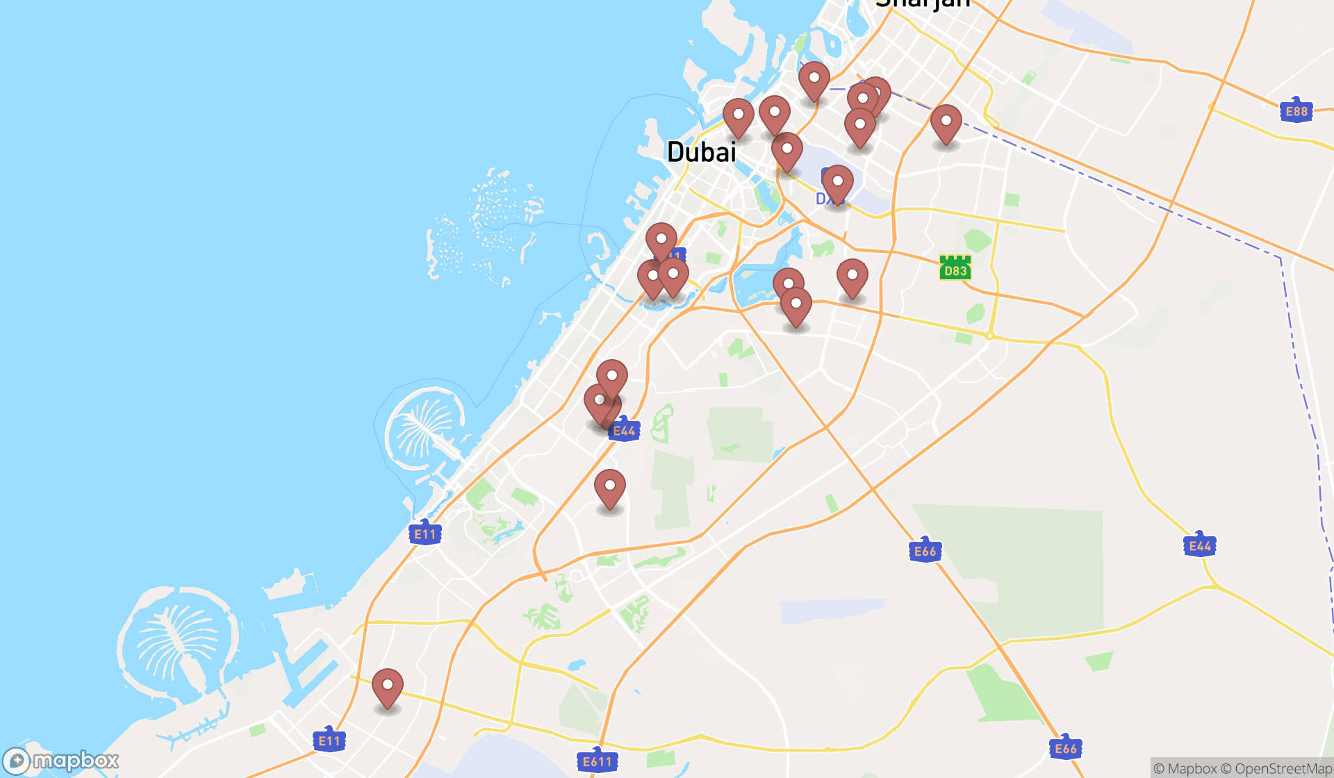 Map showing the search results in Dubai