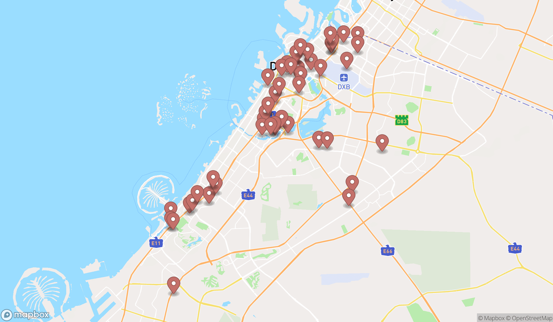 Map showing the search results in Dubai