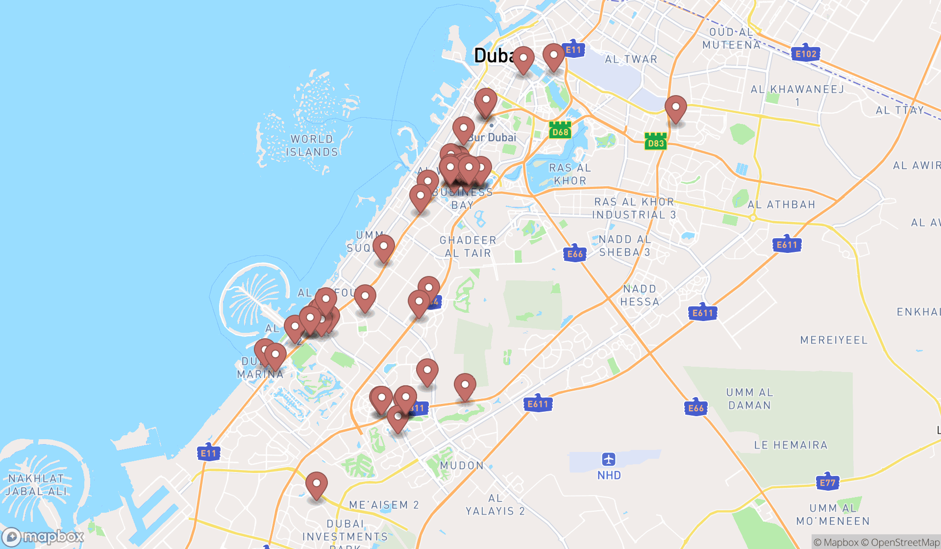 Map showing the search results in Dubai