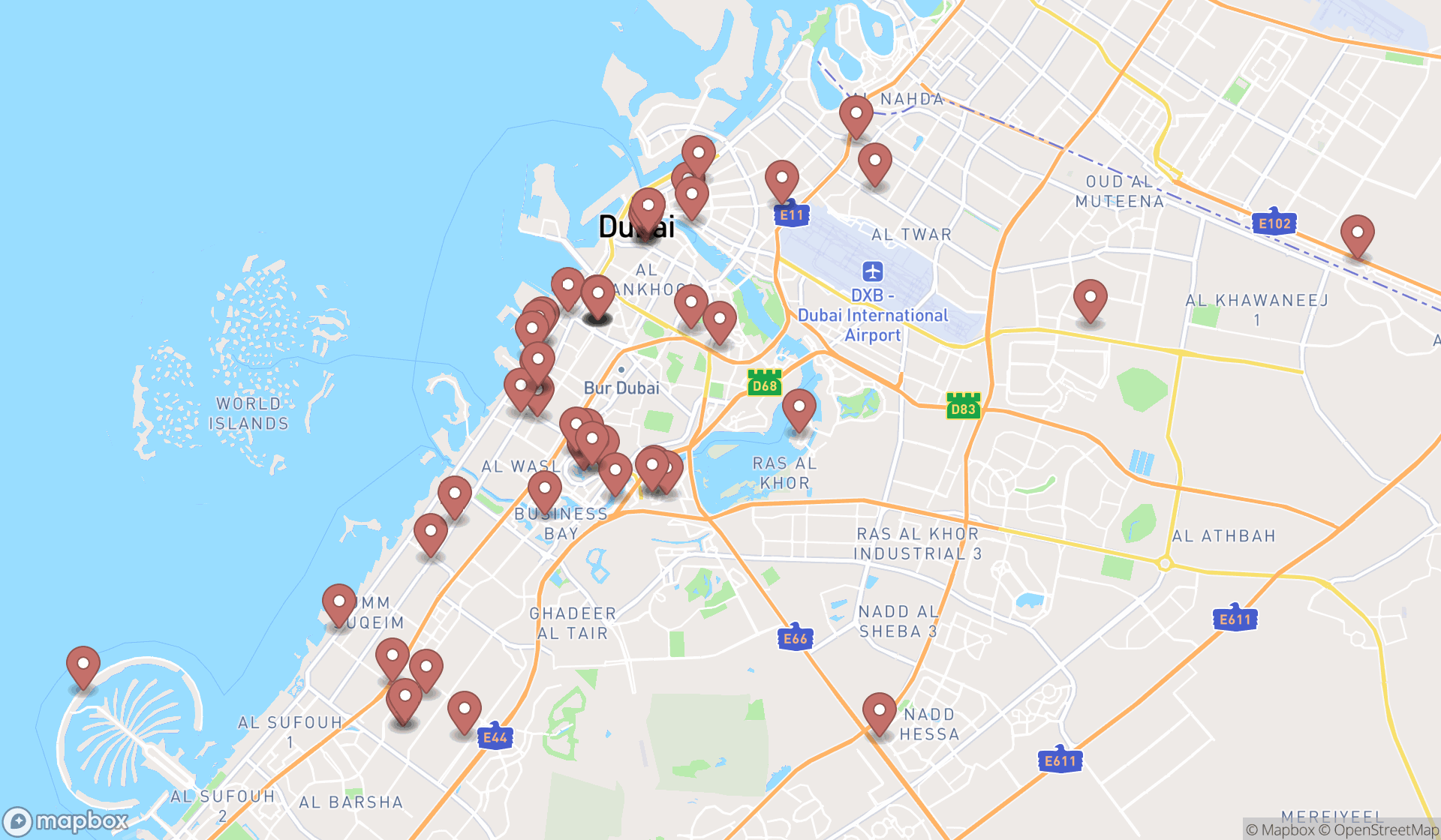 Map showing the search results in Dubai