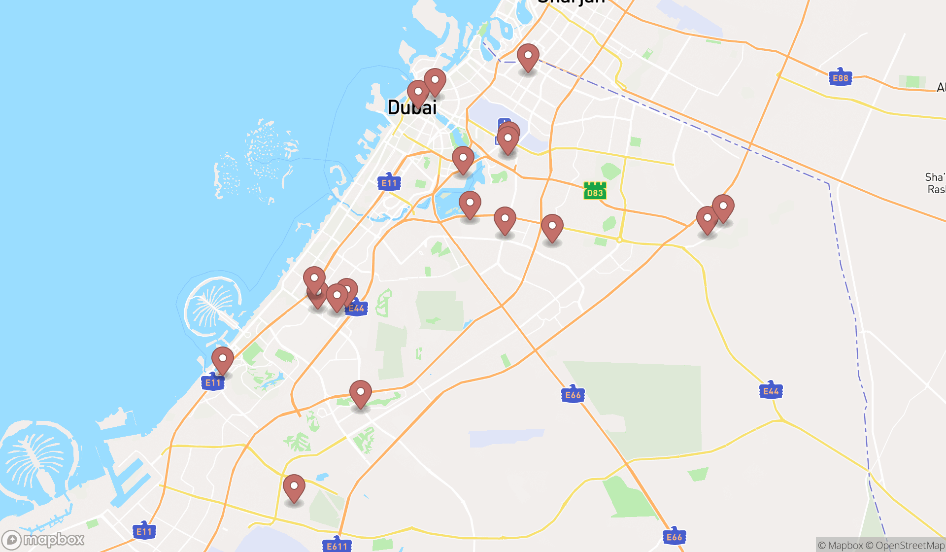Map showing the search results in Dubai