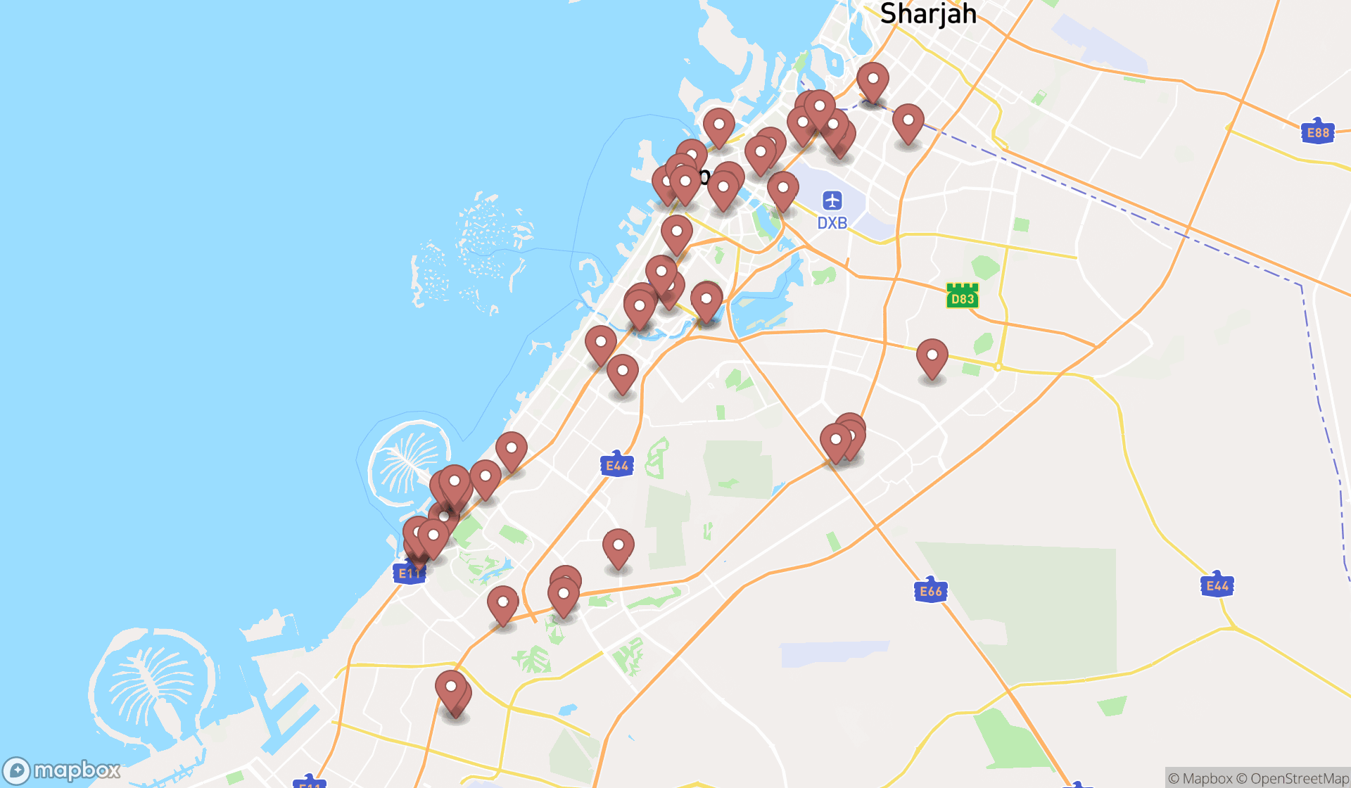 Map showing the search results in Dubai