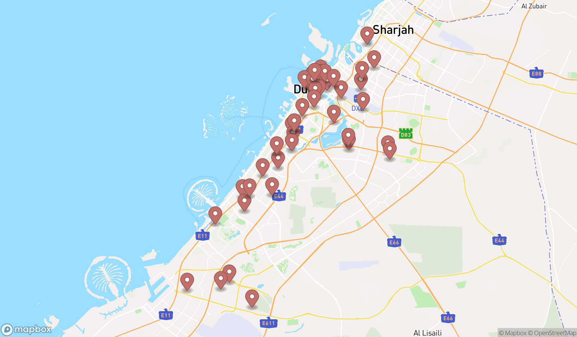 Map showing the search results in Dubai