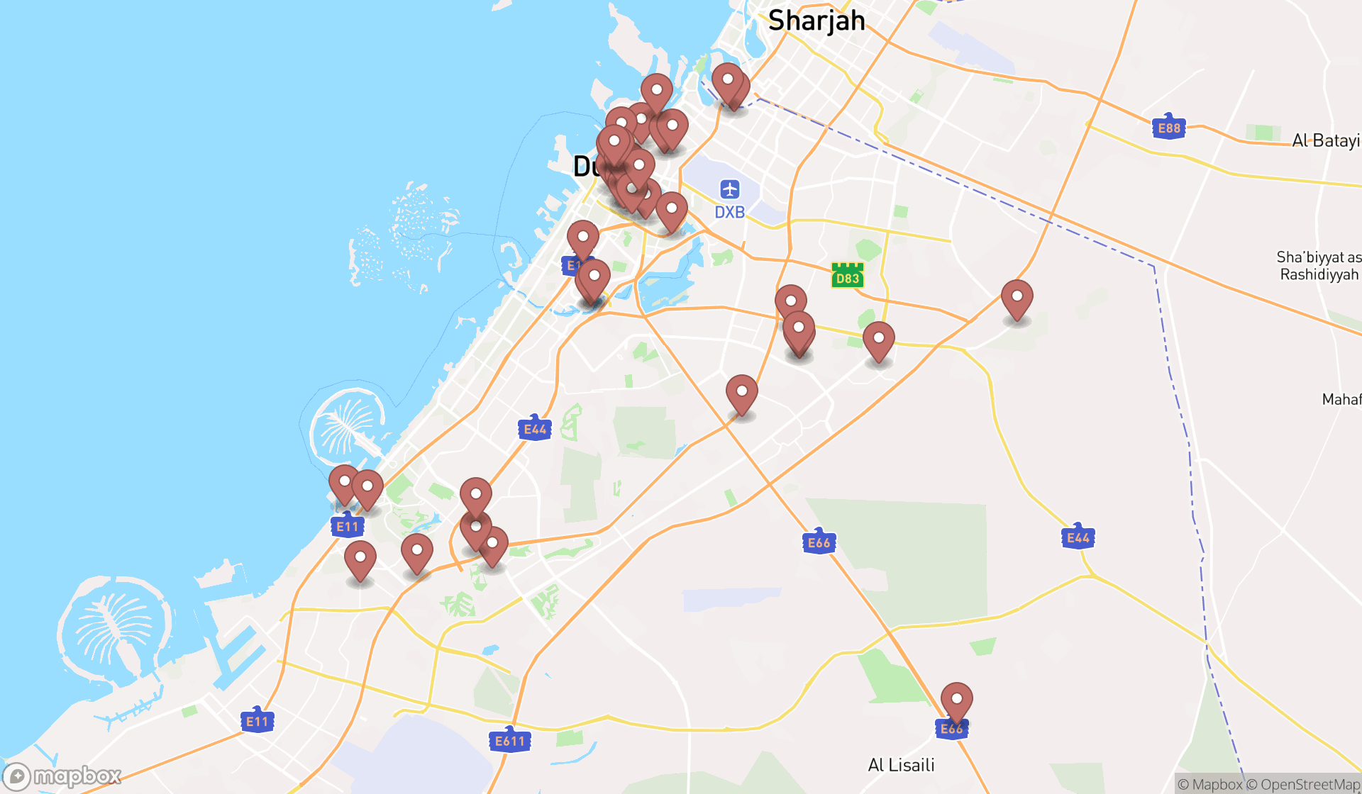Map showing the search results in Dubai