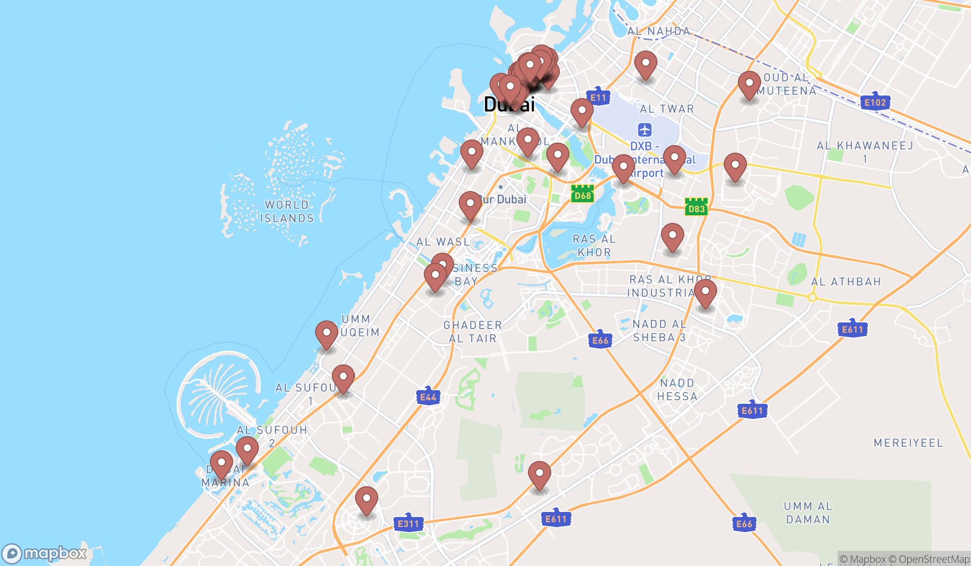 Map showing the search results in Dubai