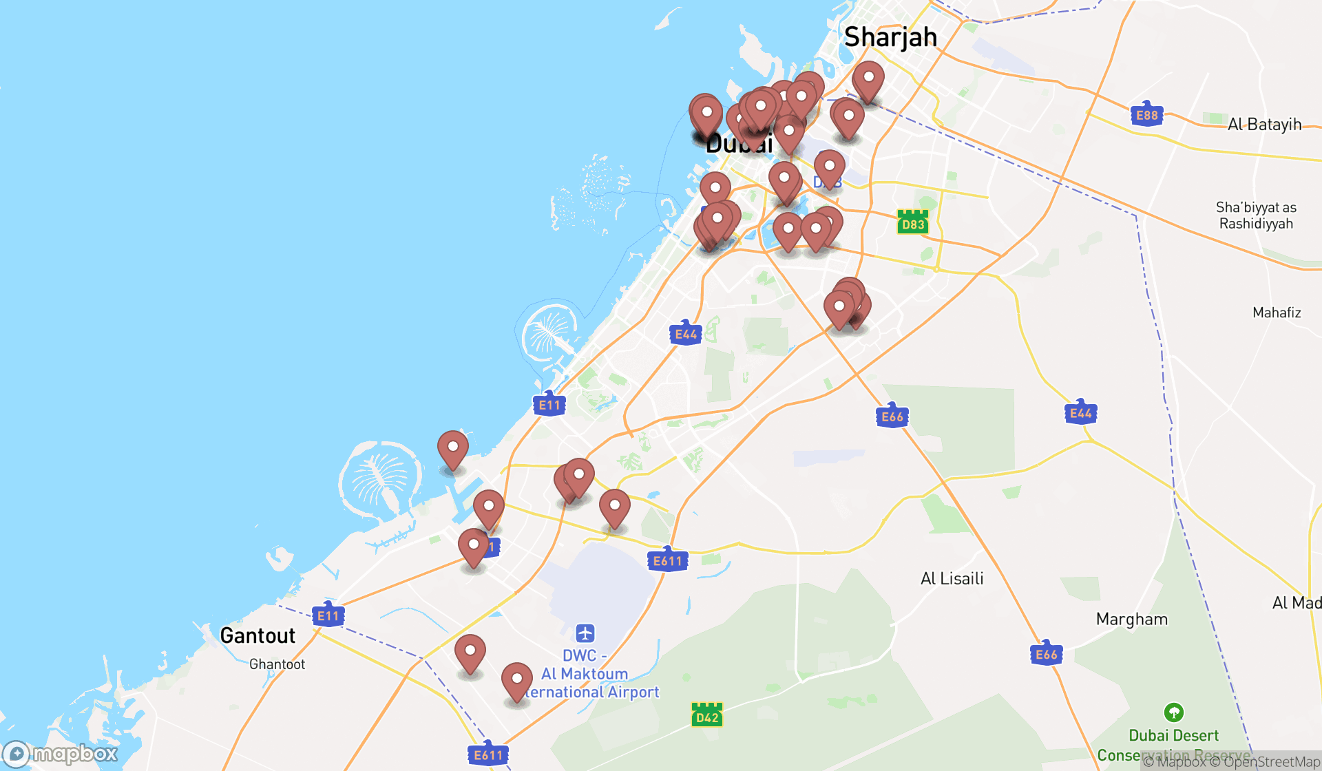 Map showing the search results in Dubai