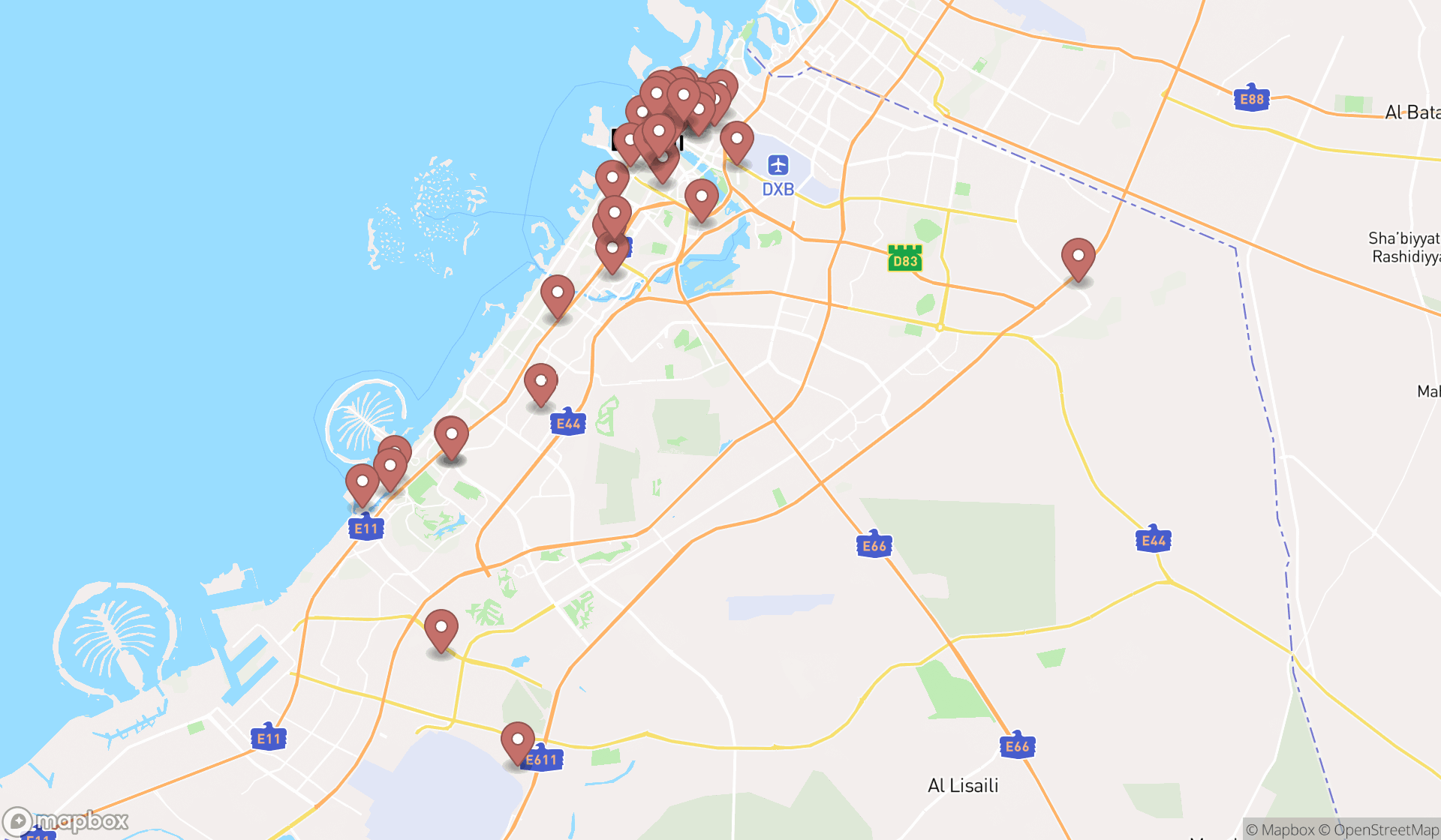 Map showing the search results in Dubai