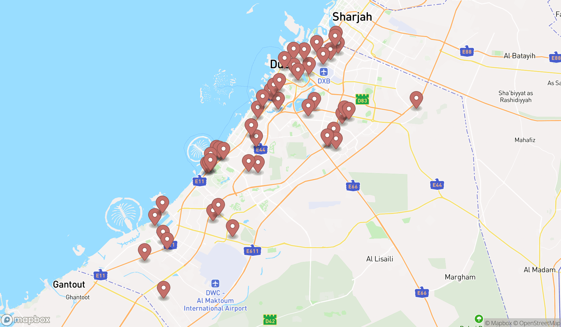 Map showing the search results in Dubai
