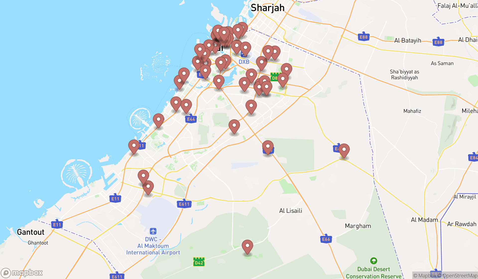 Map showing the search results in Dubai