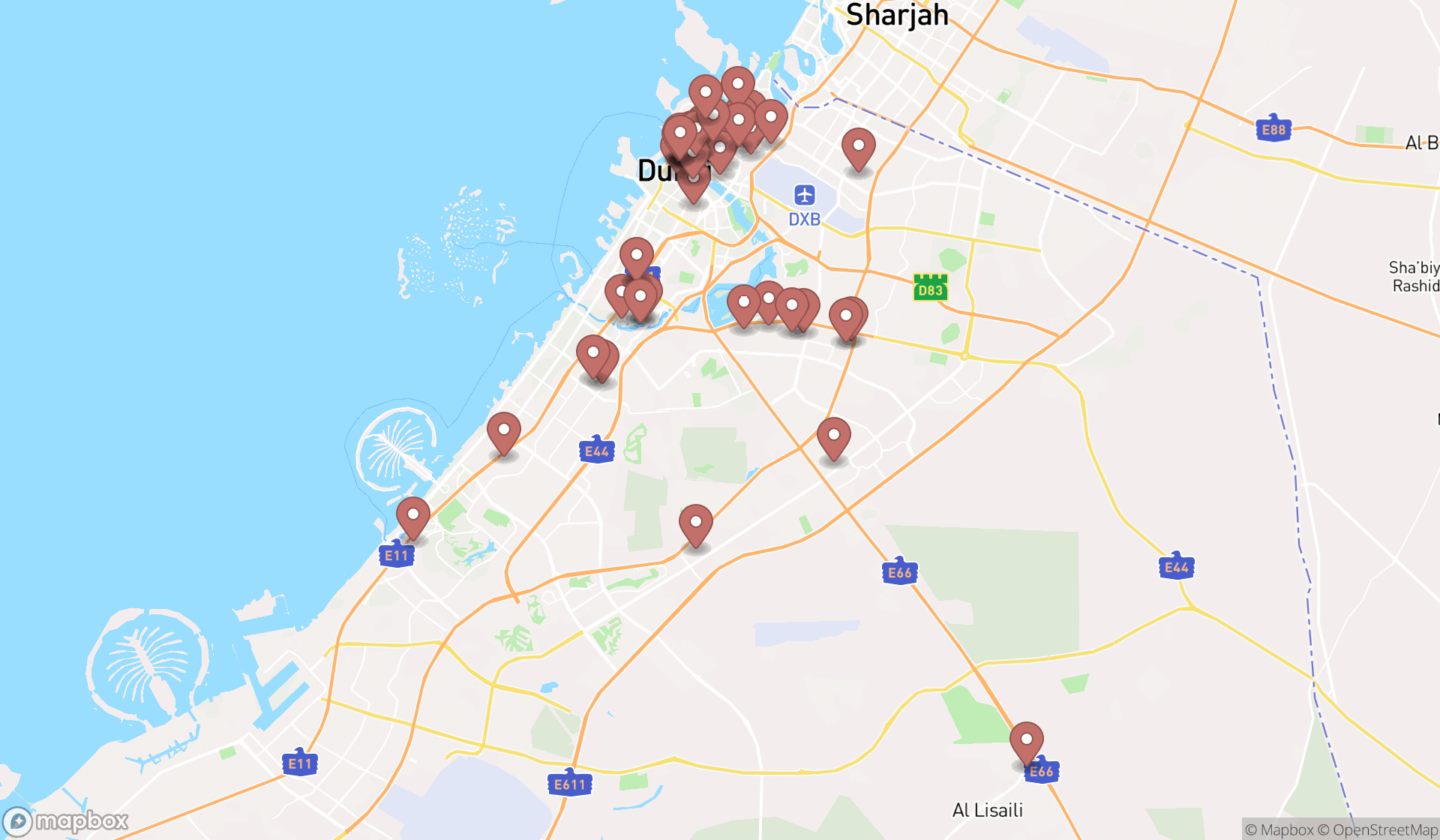 Map showing the search results in Dubai
