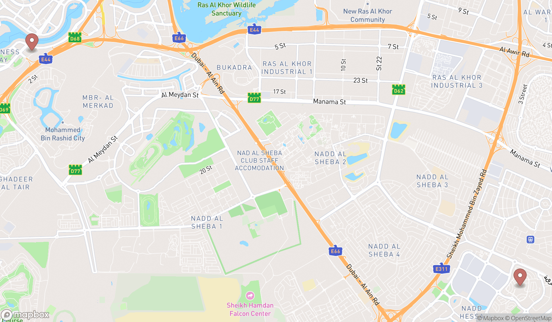 Map showing the search results in Dubai