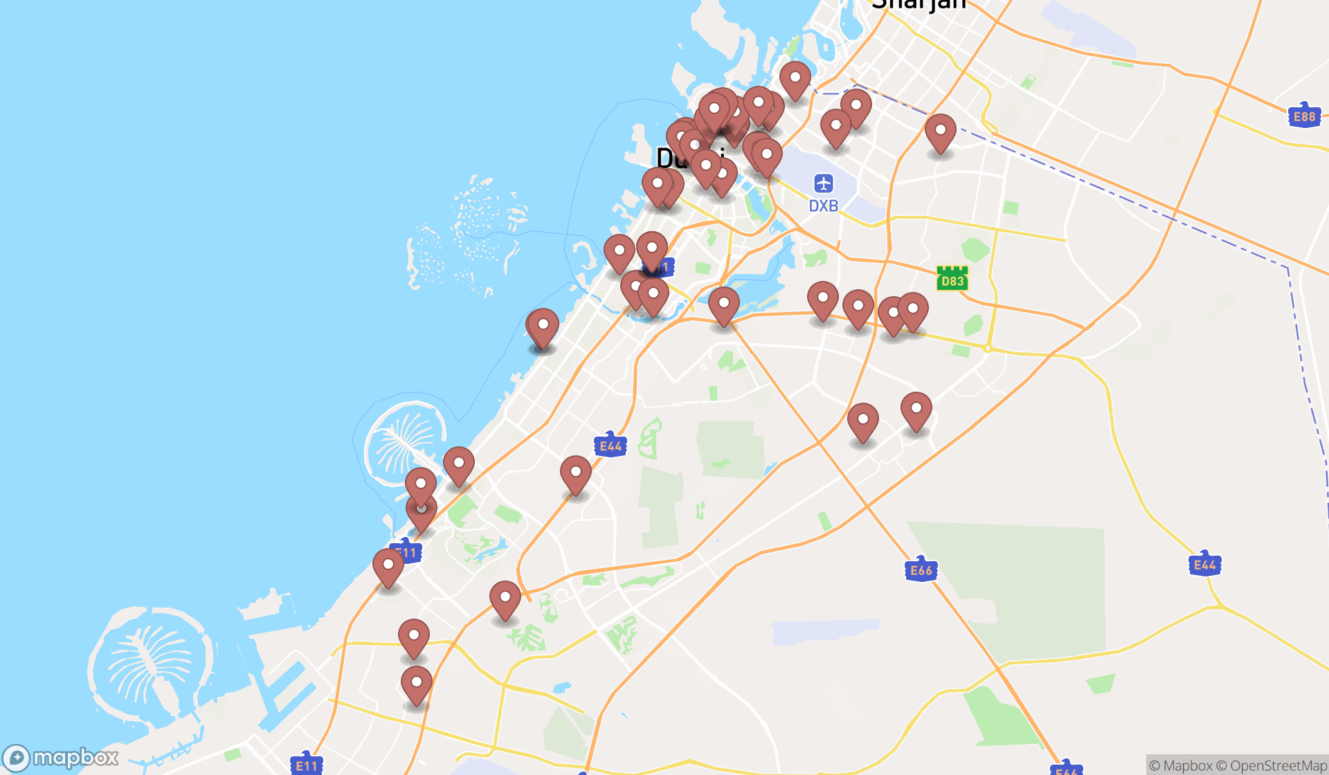 Map showing the search results in Dubai