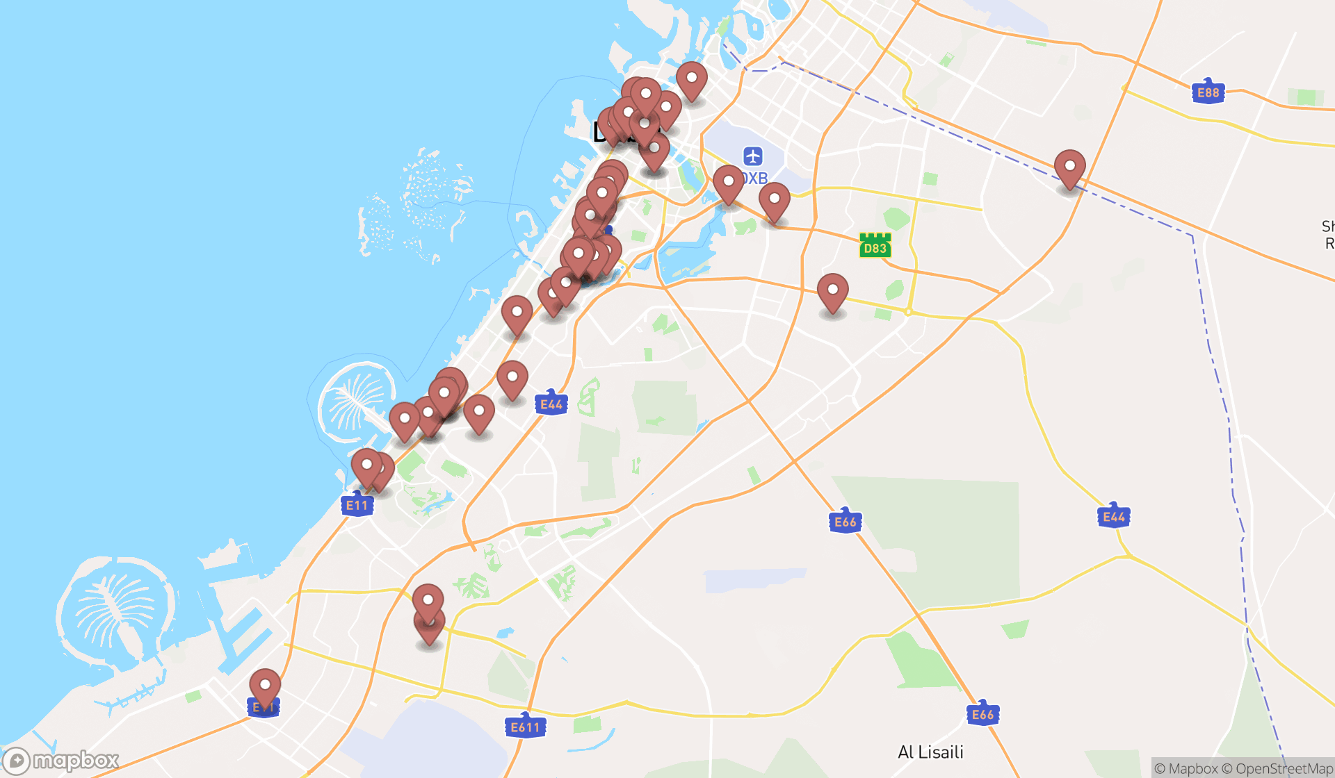 Map showing the search results in Dubai