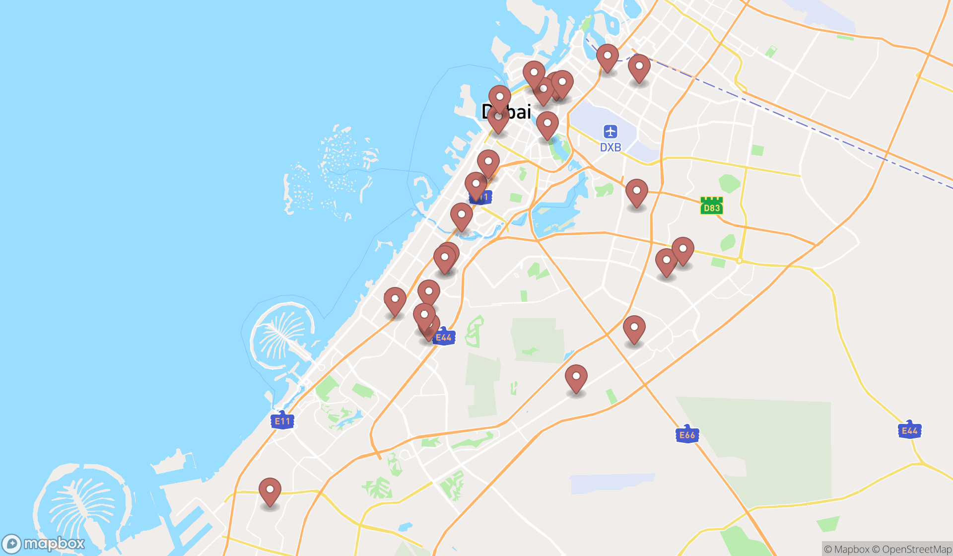Map showing the search results in Dubai