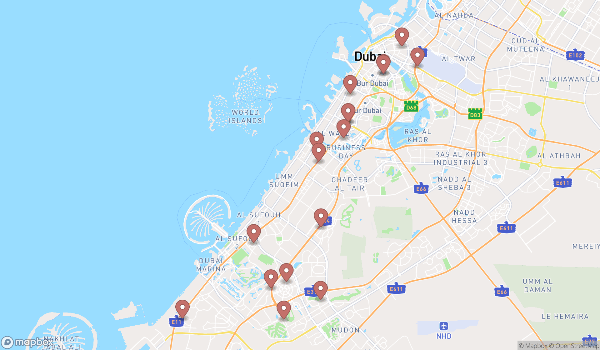 Map showing the search results in Dubai