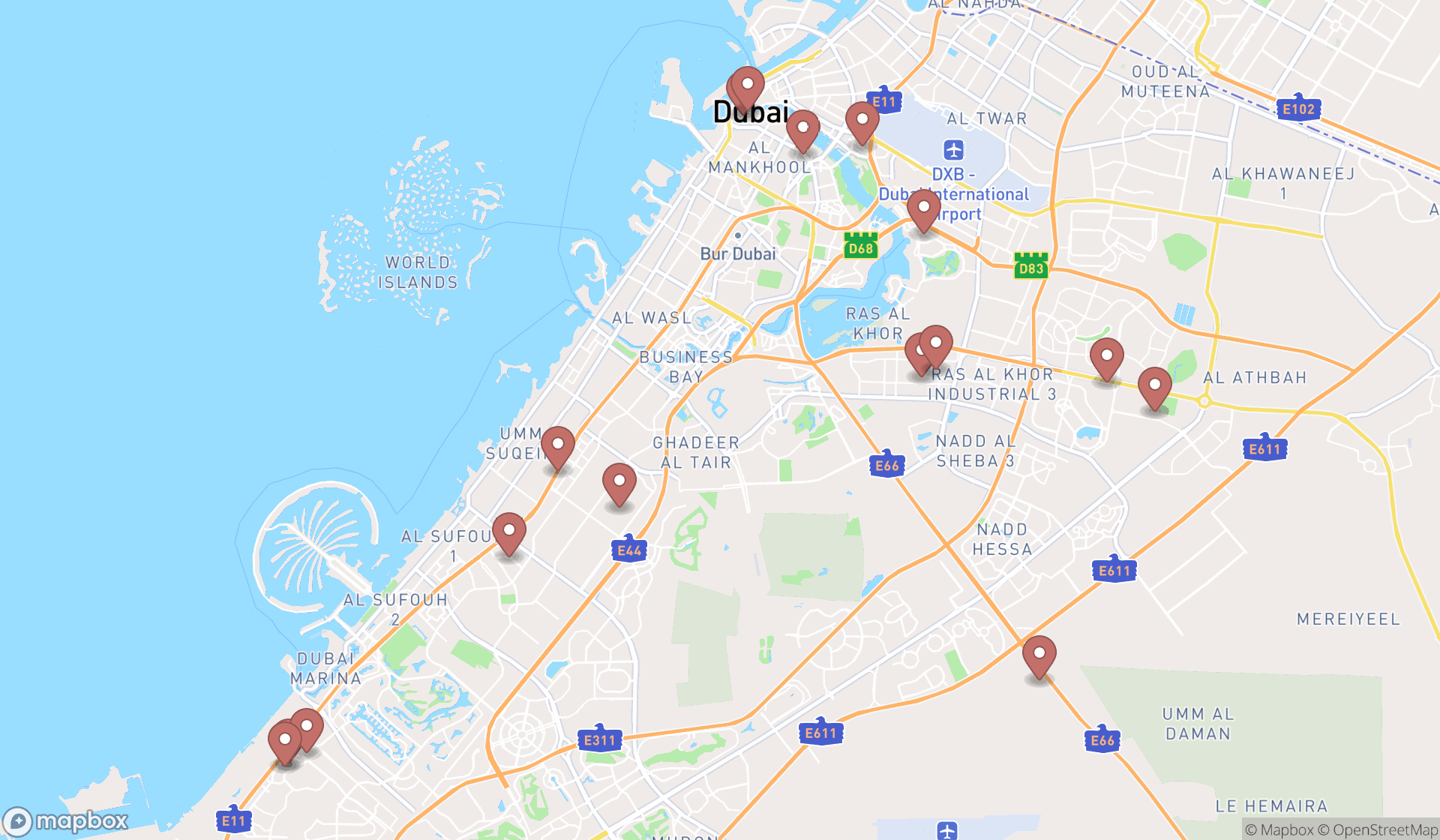 Map showing the search results in Dubai