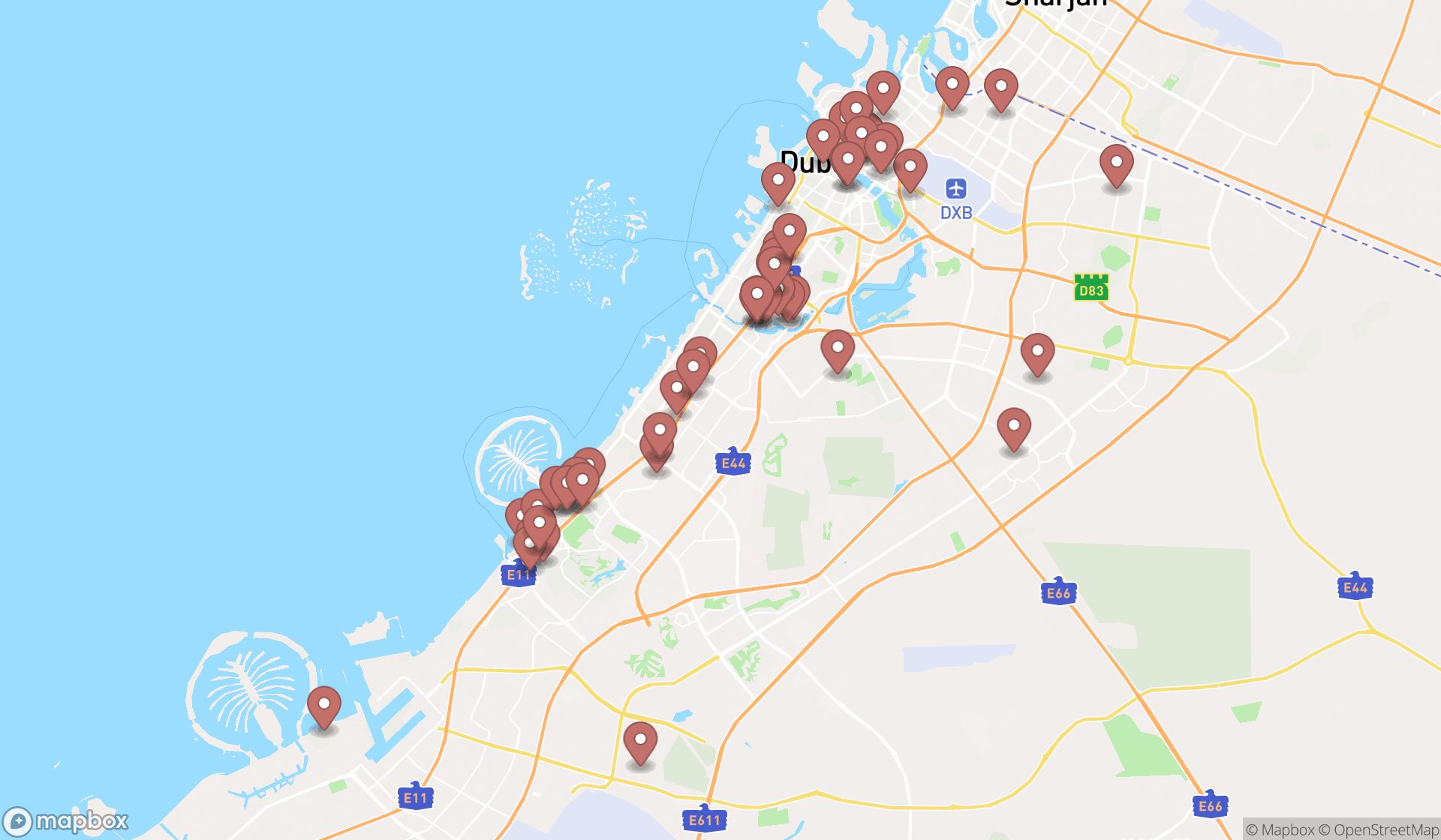 Map showing the search results in Dubai