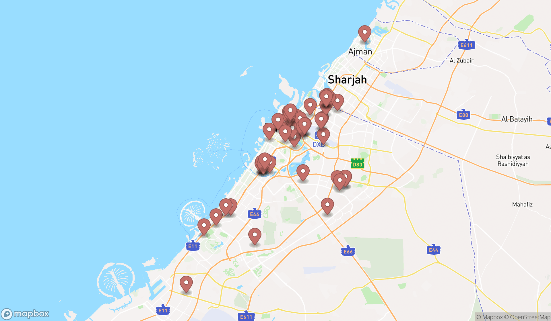 Map showing the search results in Dubai