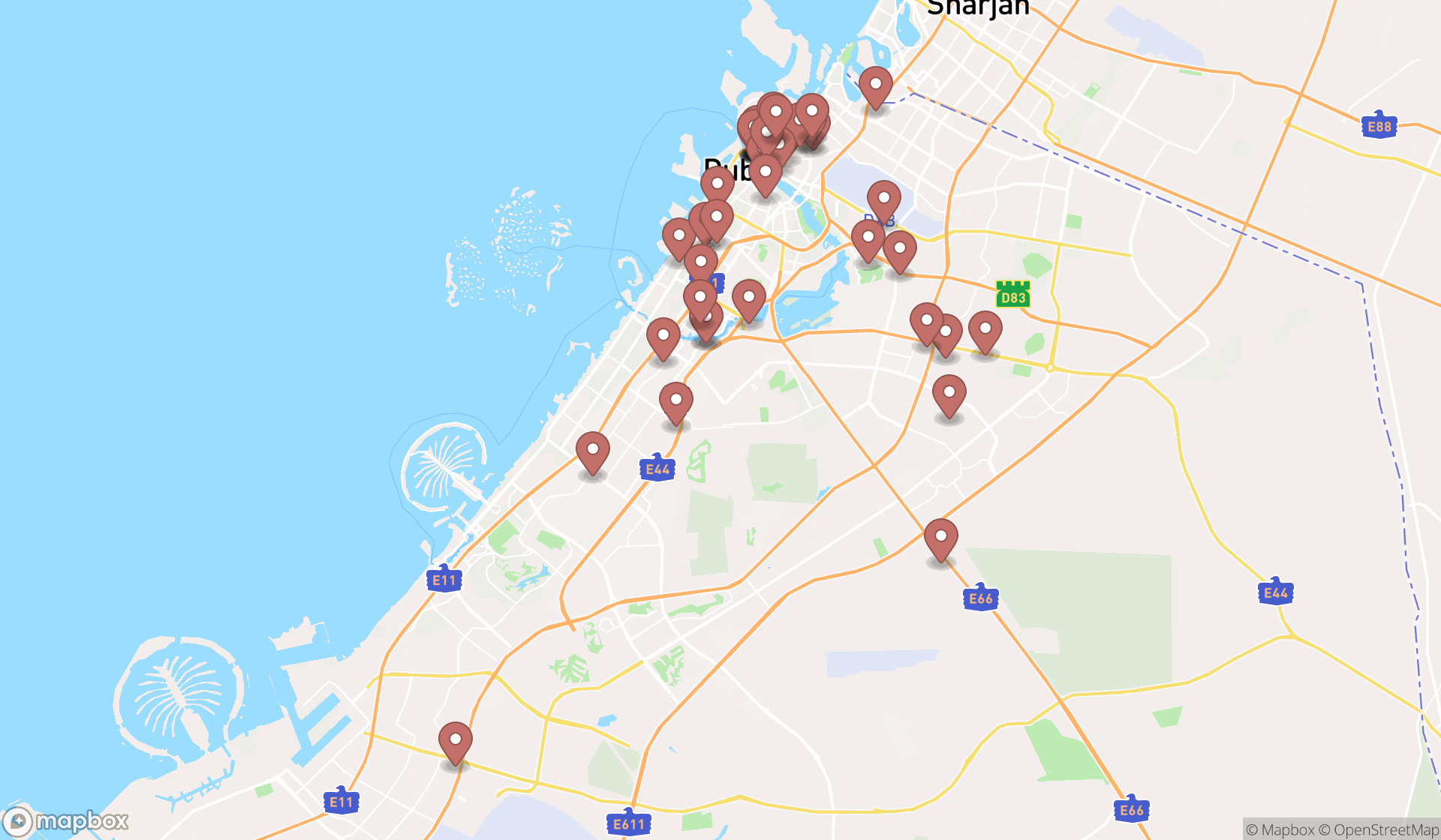Map showing the search results in Dubai