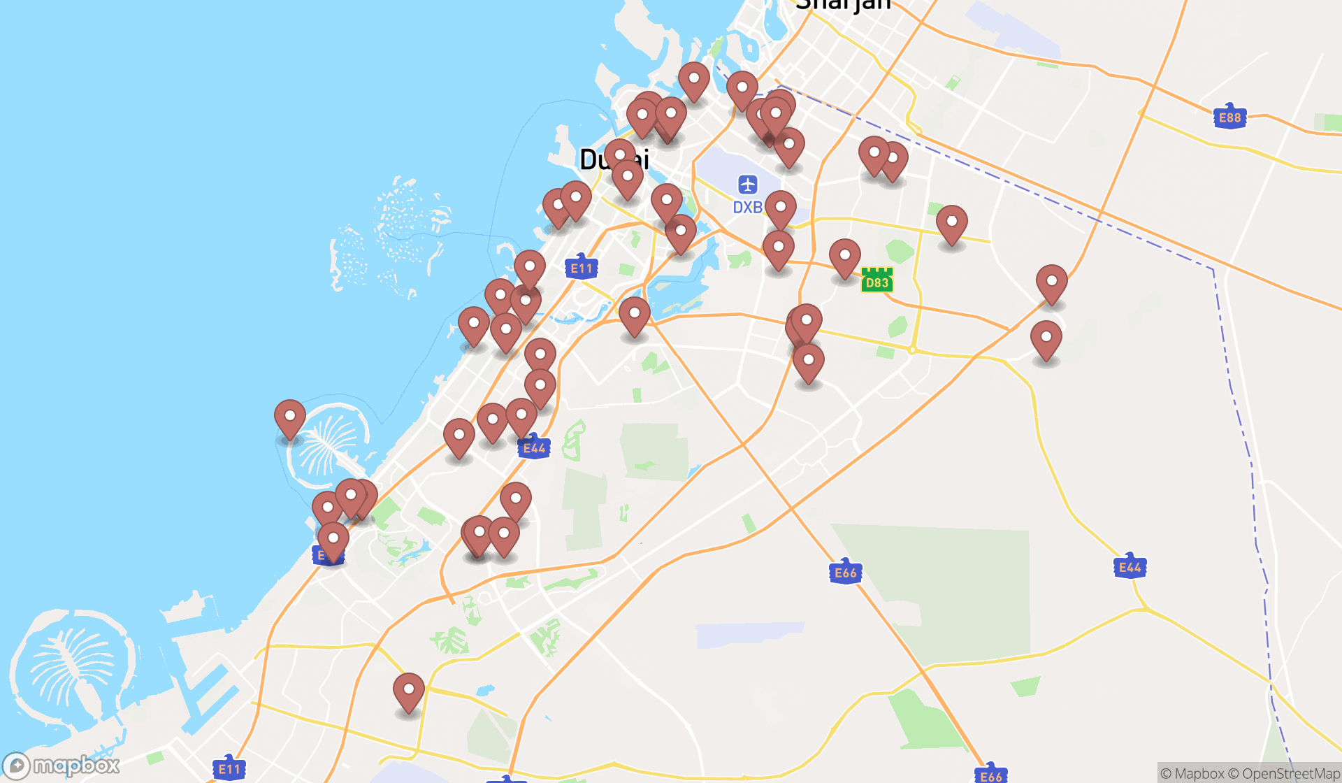 Map showing the search results in Dubai