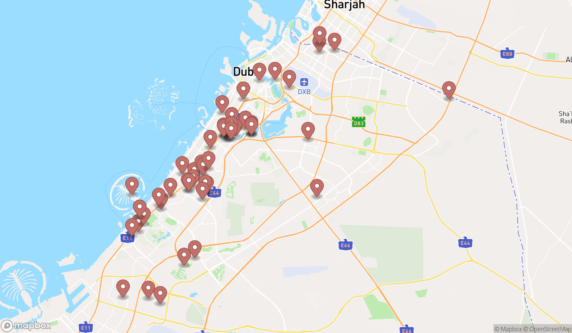 Map showing the search results in Dubai