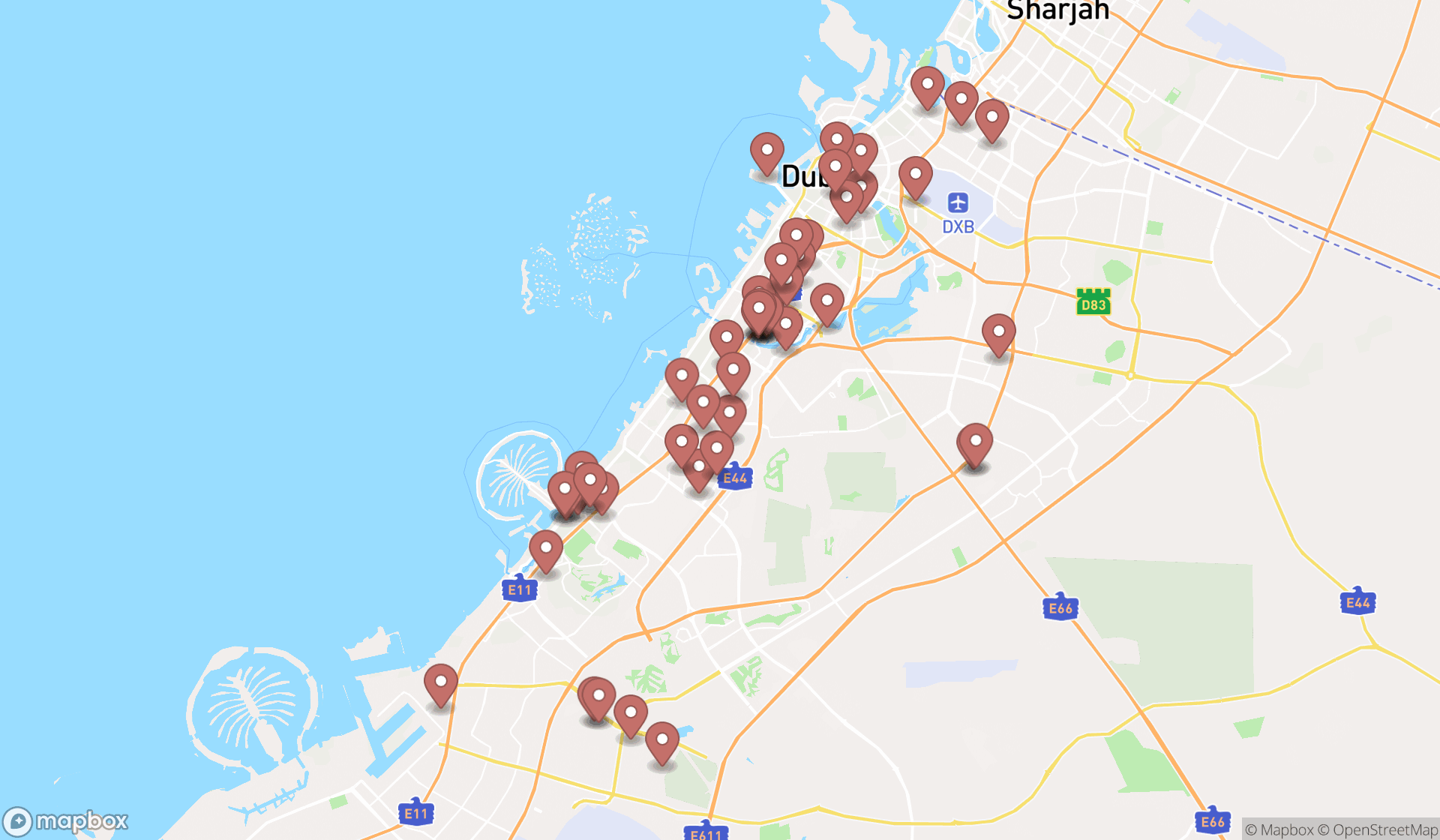 Map showing the search results in Dubai