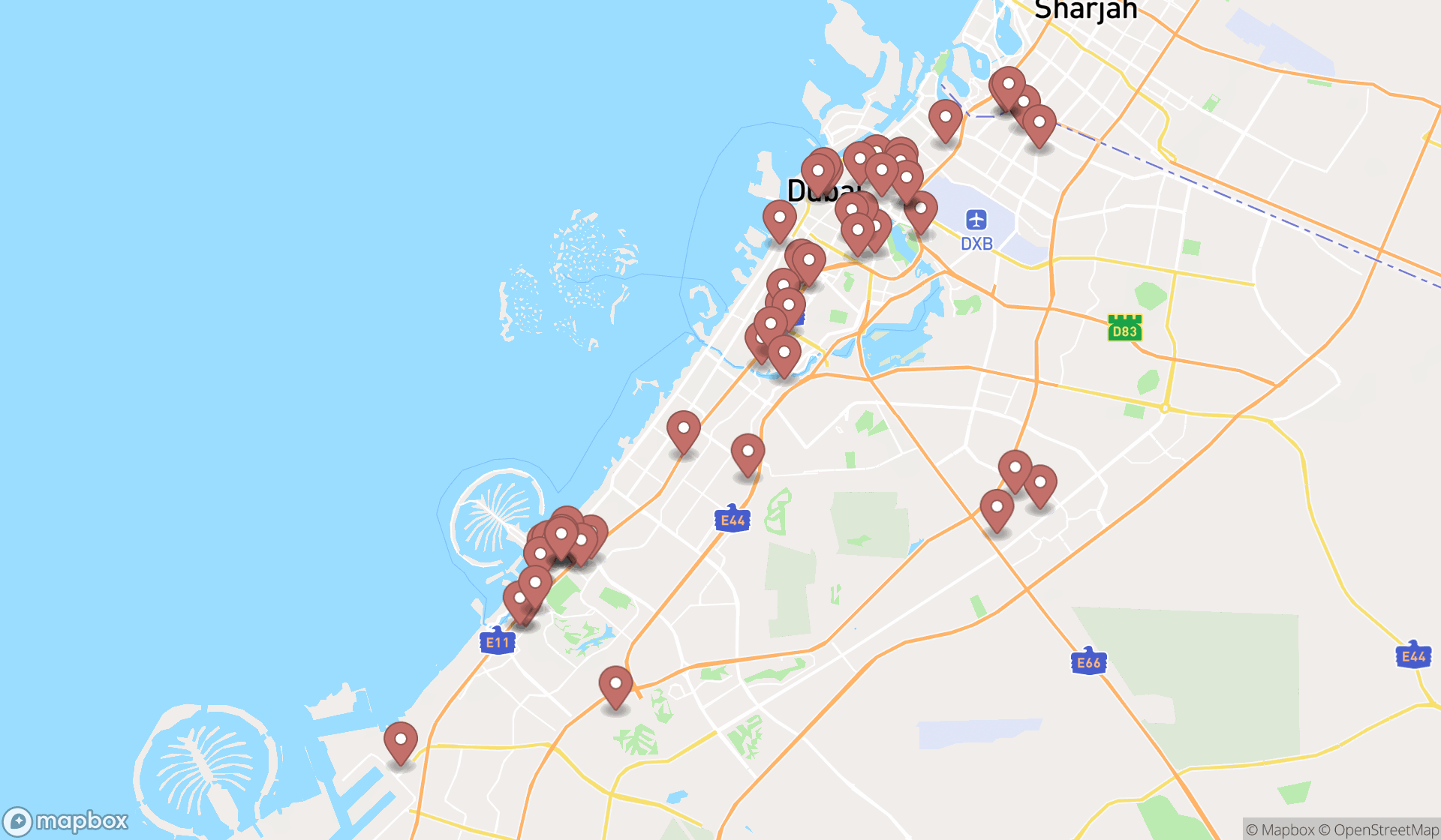 Map showing the search results in Dubai