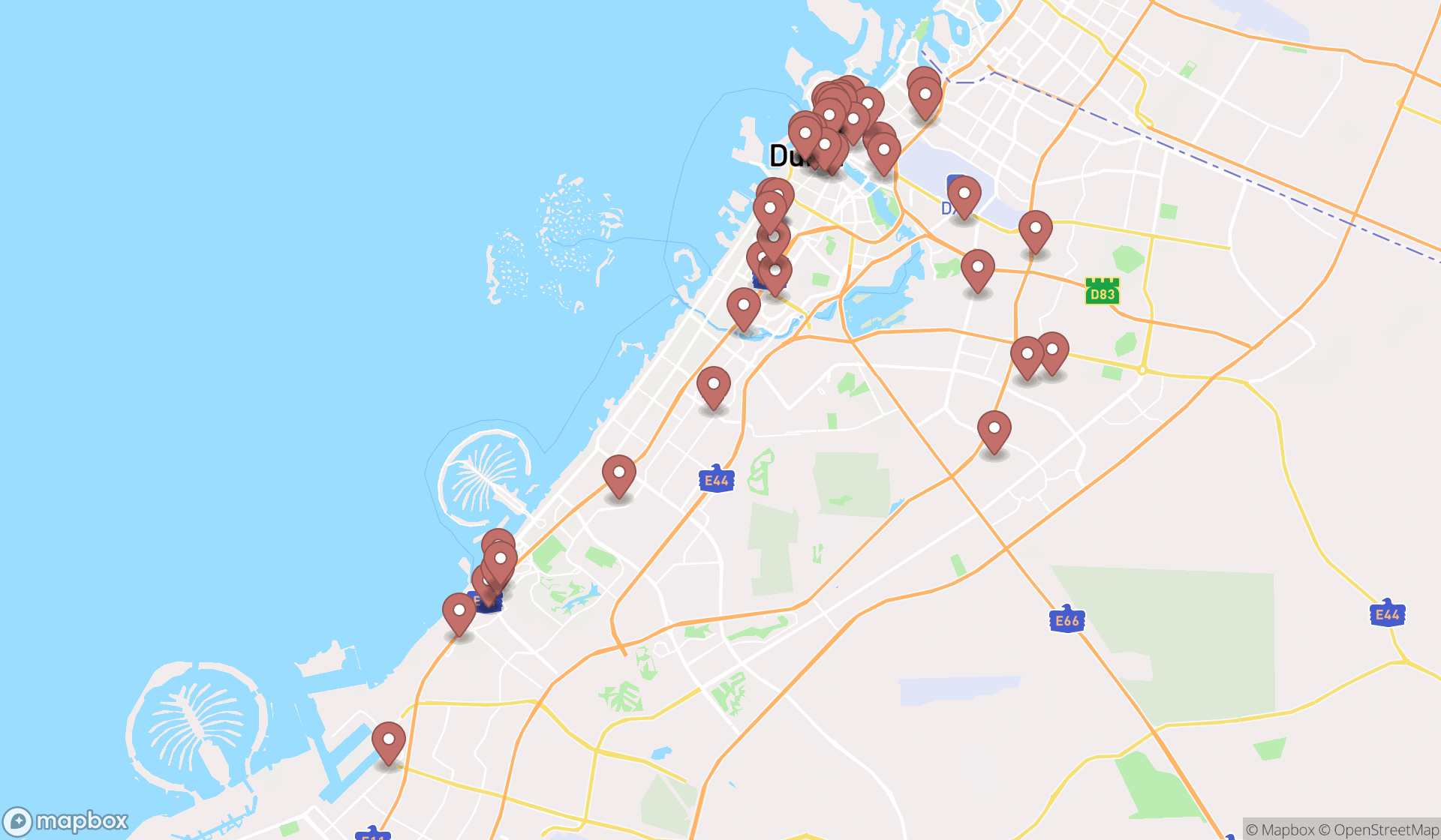 Map showing the search results in Dubai
