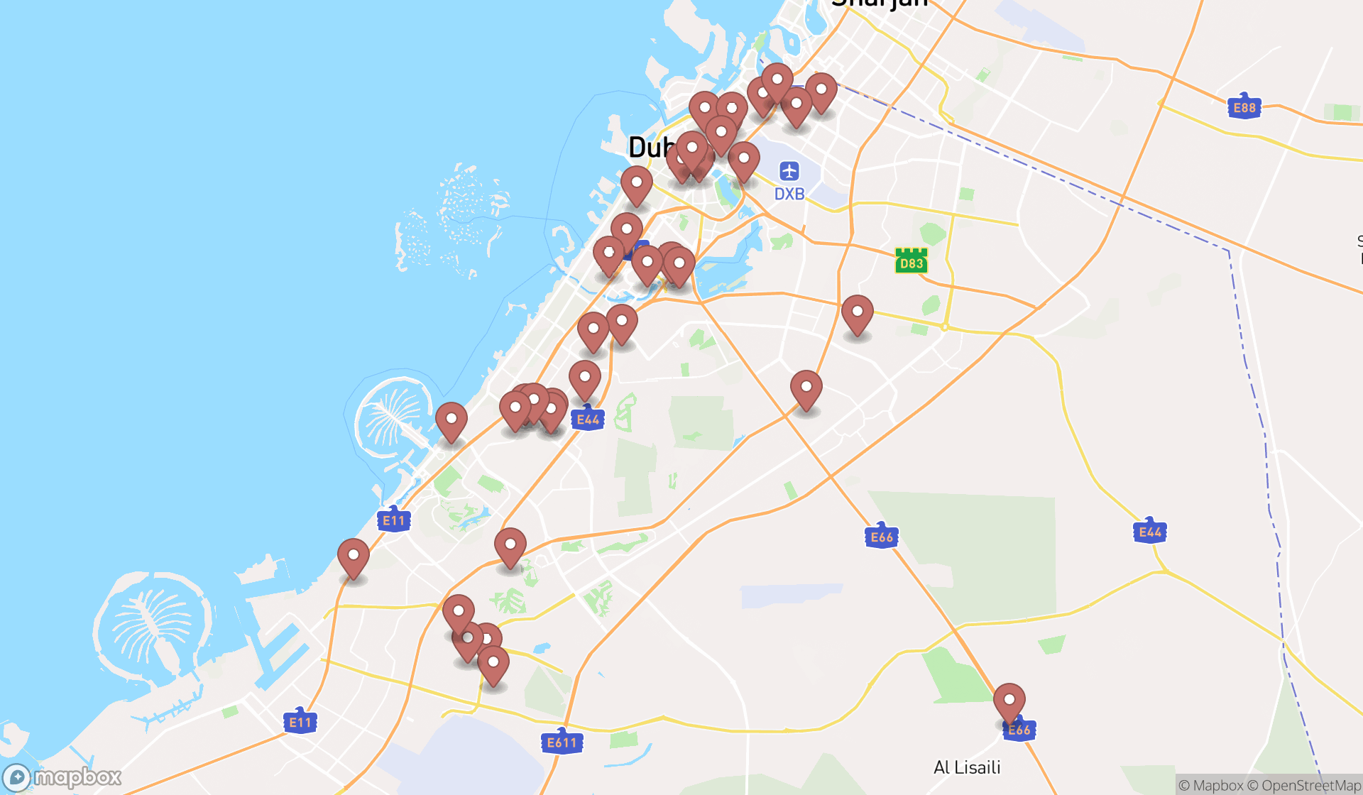 Map showing the search results in Dubai