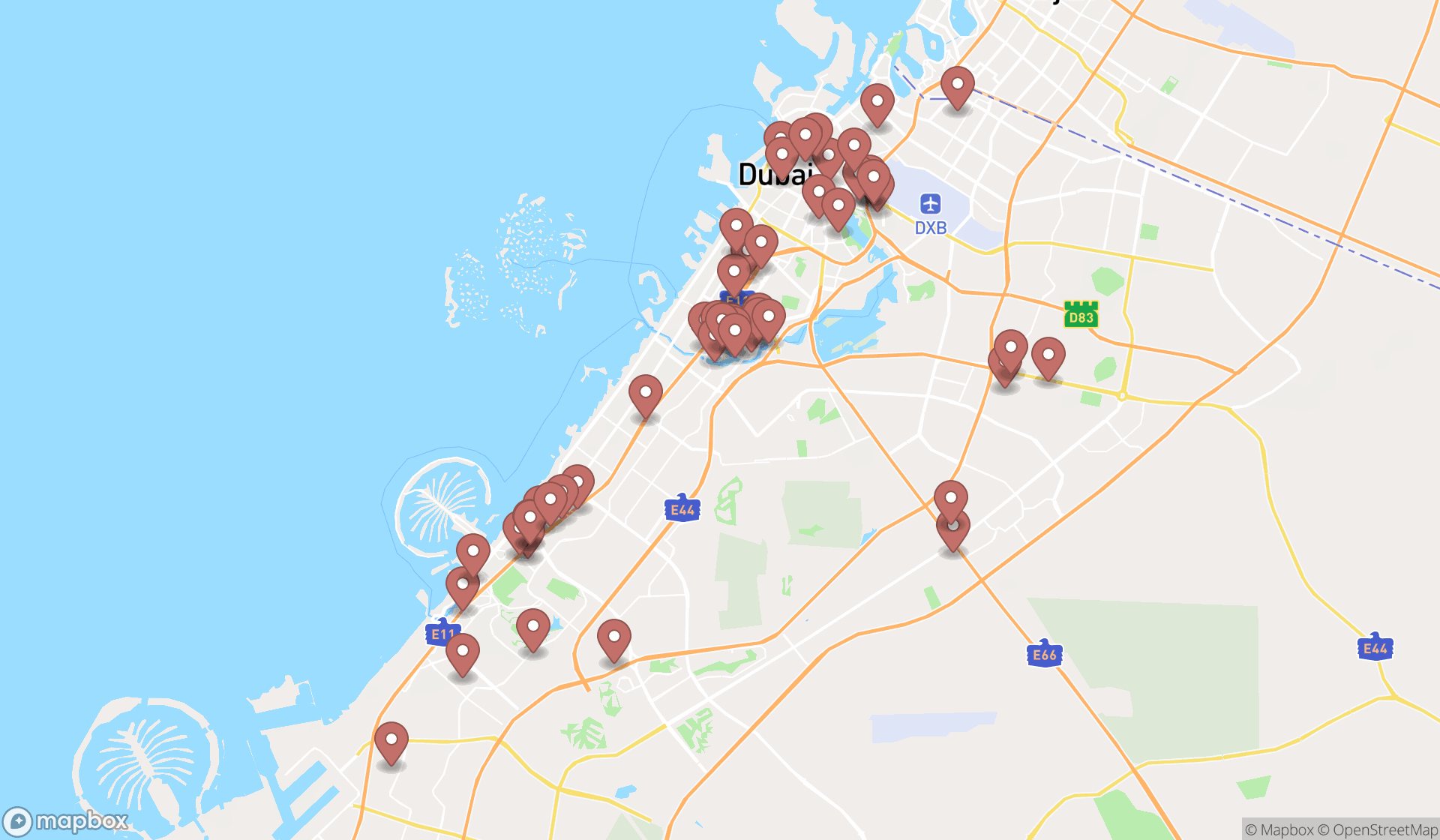 Map showing the search results in Dubai